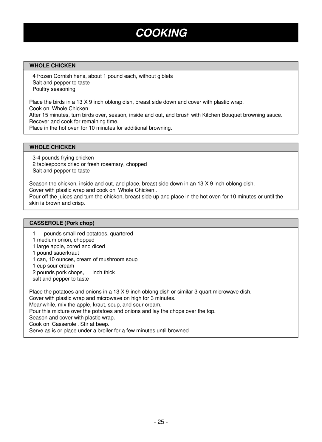 LG Electronics LMVM1955T, LMVM1955SBQ, LMVM1955SW owner manual Whole Chicken, Casserole Pork chop 