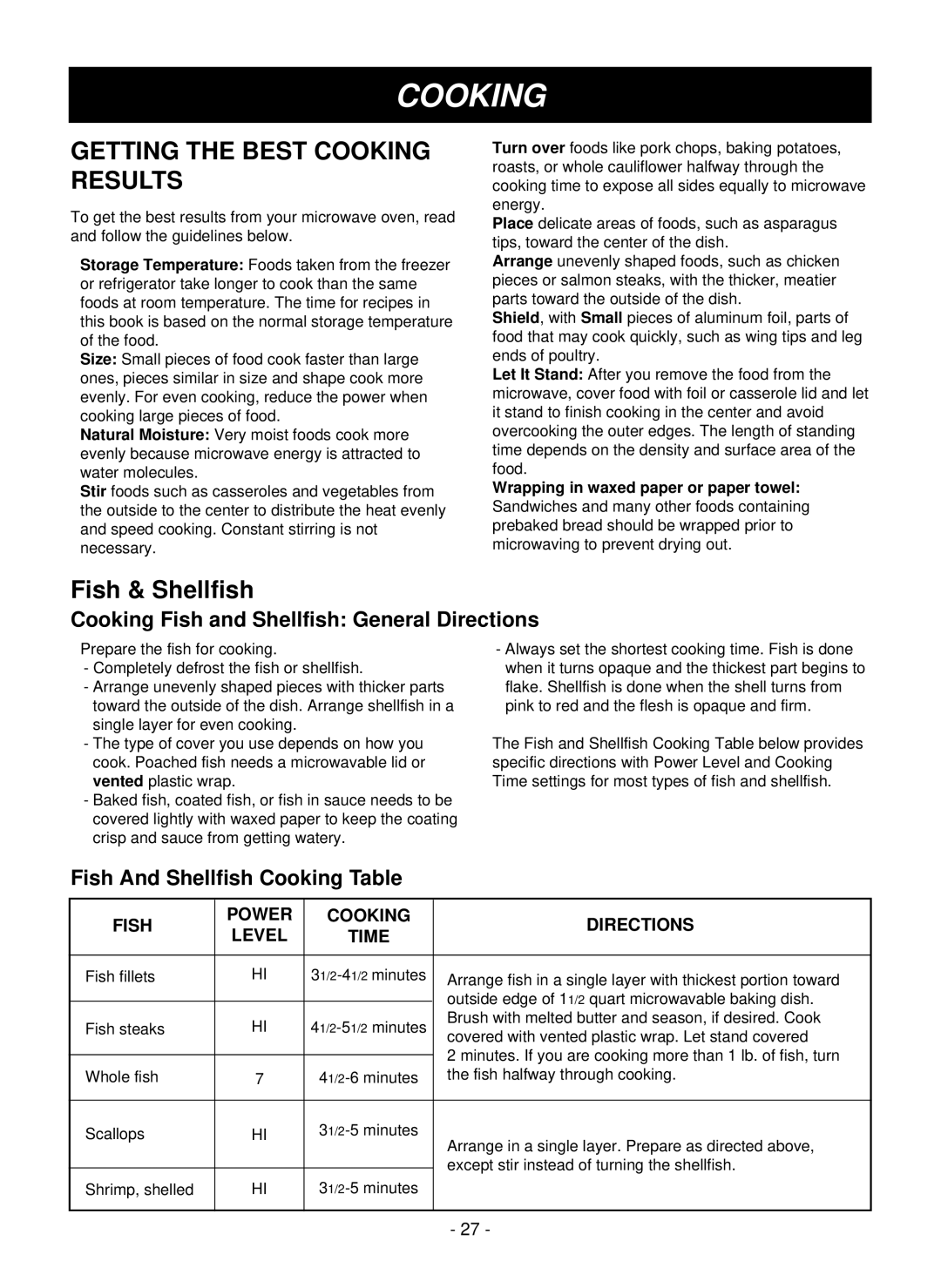 LG Electronics LMVM1955SW, LMVM1955T Getting the Best Cooking Results, Cooking Fish and Shellfish General Directions 