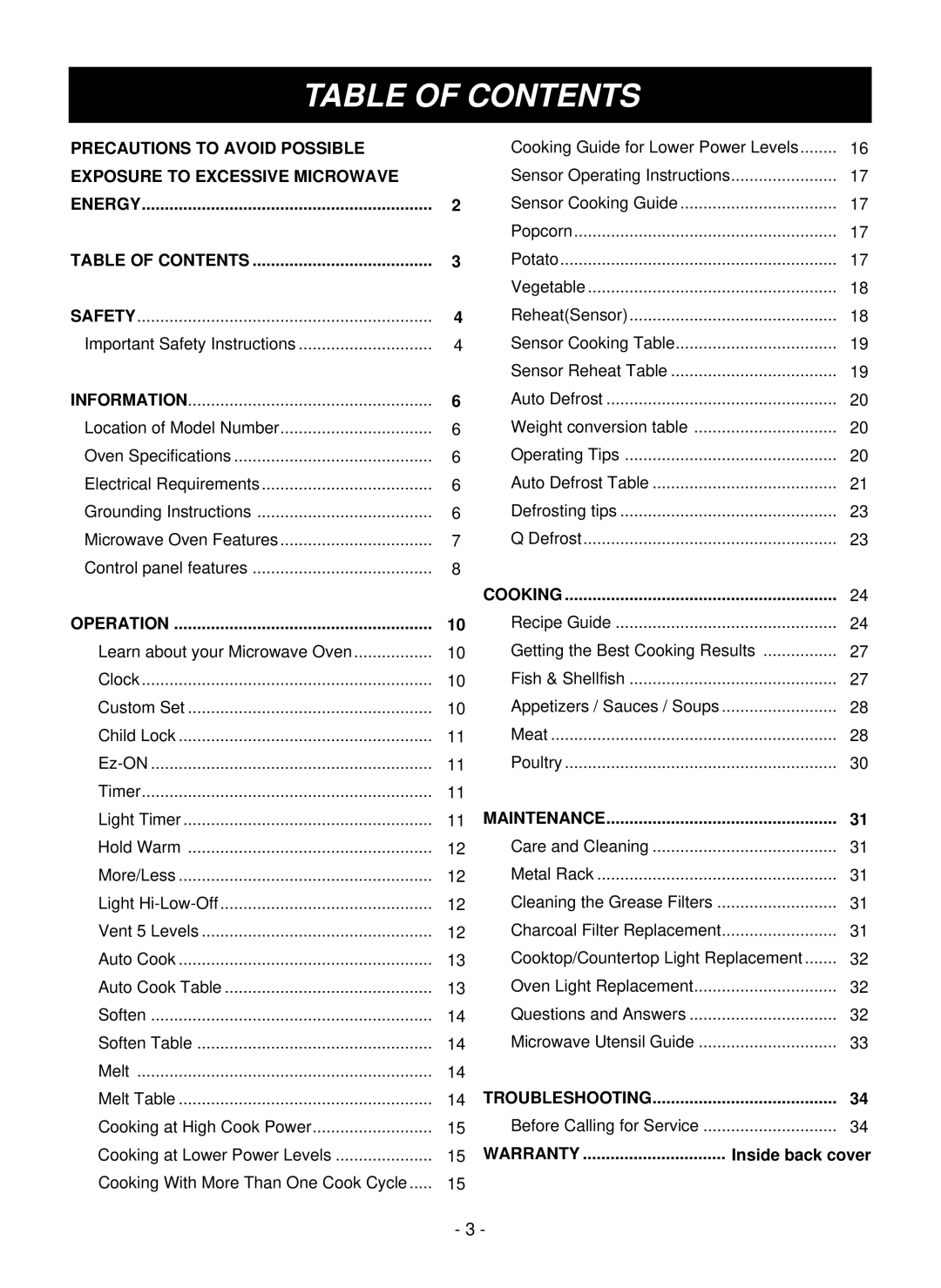 LG Electronics LMVM1955SW, LMVM1955T, LMVM1955SBQ owner manual Table of Contents 