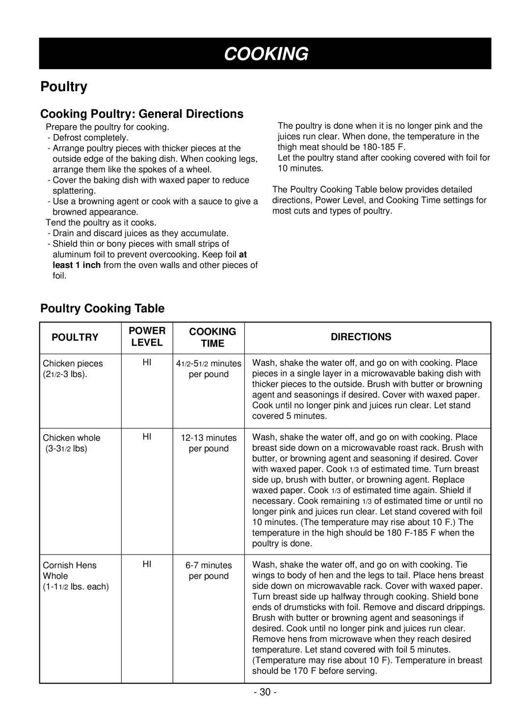 LG Electronics LMVM1955SBQ, LMVM1955T, LMVM1955SW owner manual Cooking Poultry General Directions, Poultry Cooking Table 