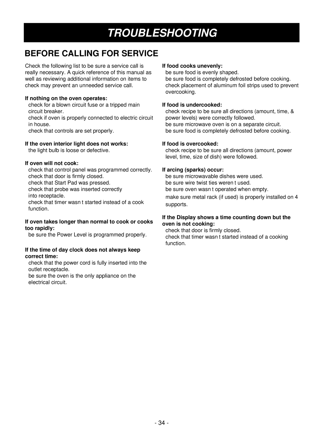 LG Electronics LMVM1955SBQ, LMVM1955T, LMVM1955SW owner manual Troubleshooting, Before Calling for Service 