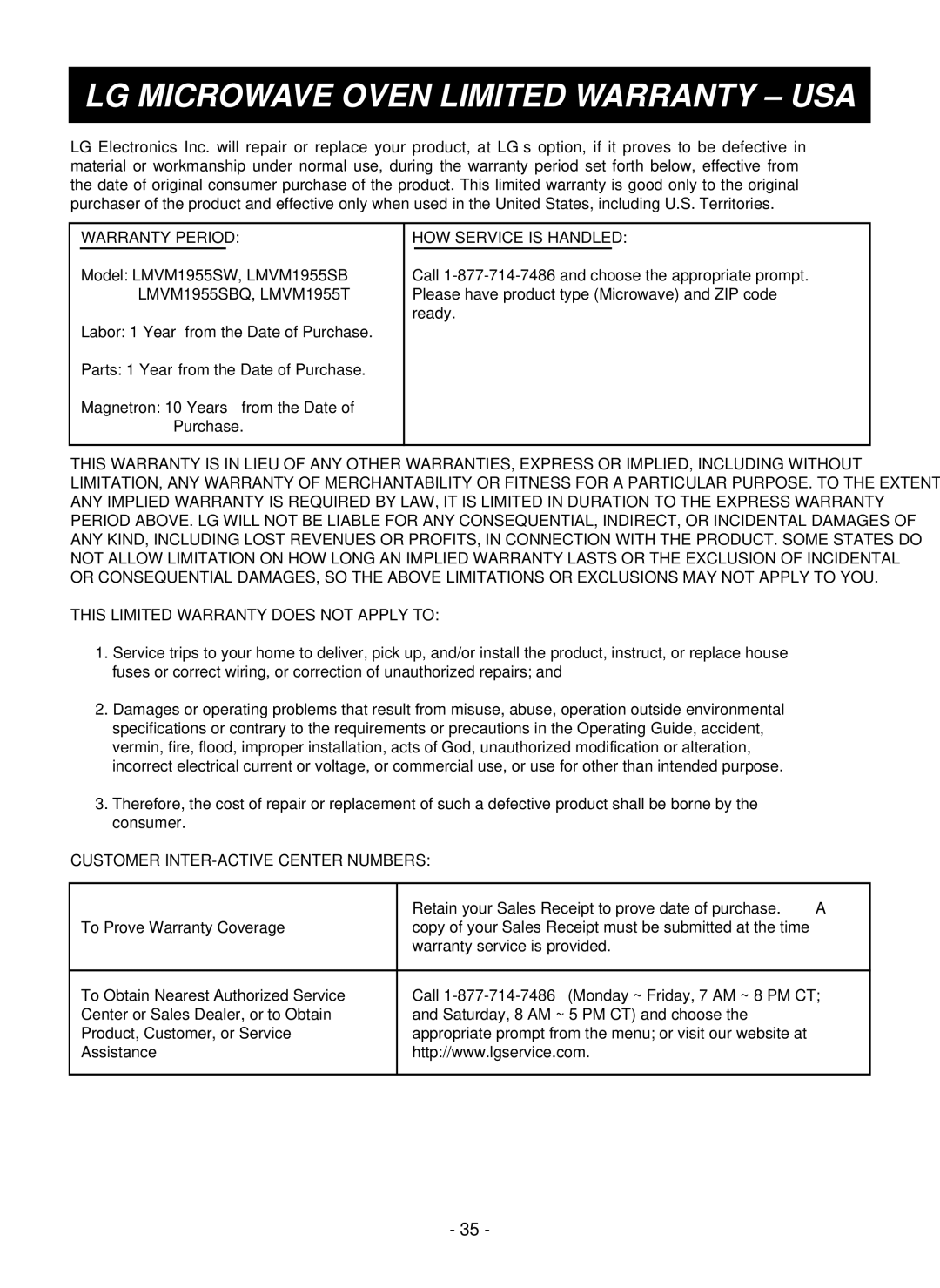 LG Electronics LMVM1955SW owner manual LG Microwave Oven Limited Warranty USA, LMVM1955SBQ, LMVM1955T 