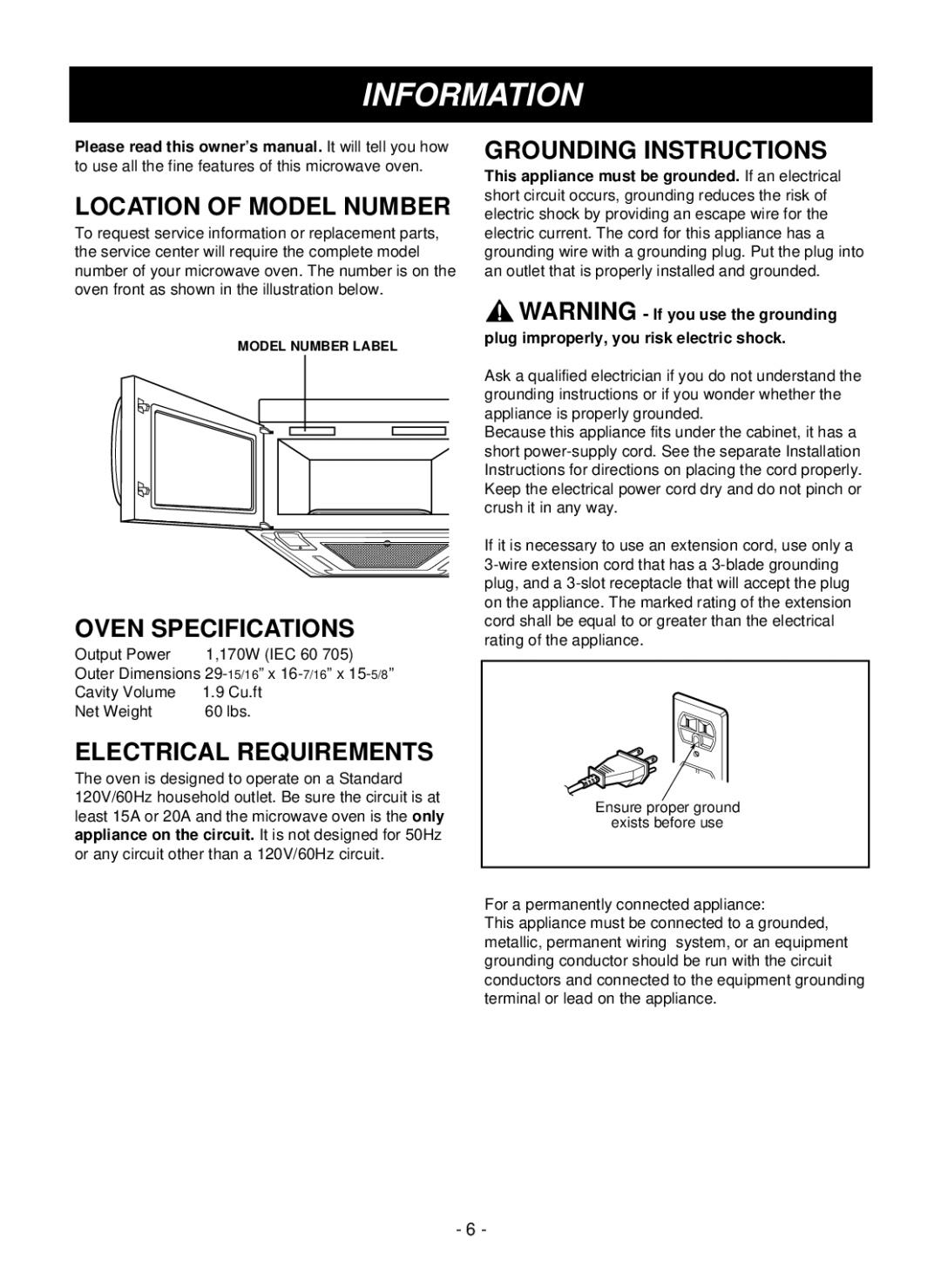 LG Electronics LMVM1955SBQ, LMVM1955T Information, Location of Model Number, Oven Specifications, Electrical Requirements 