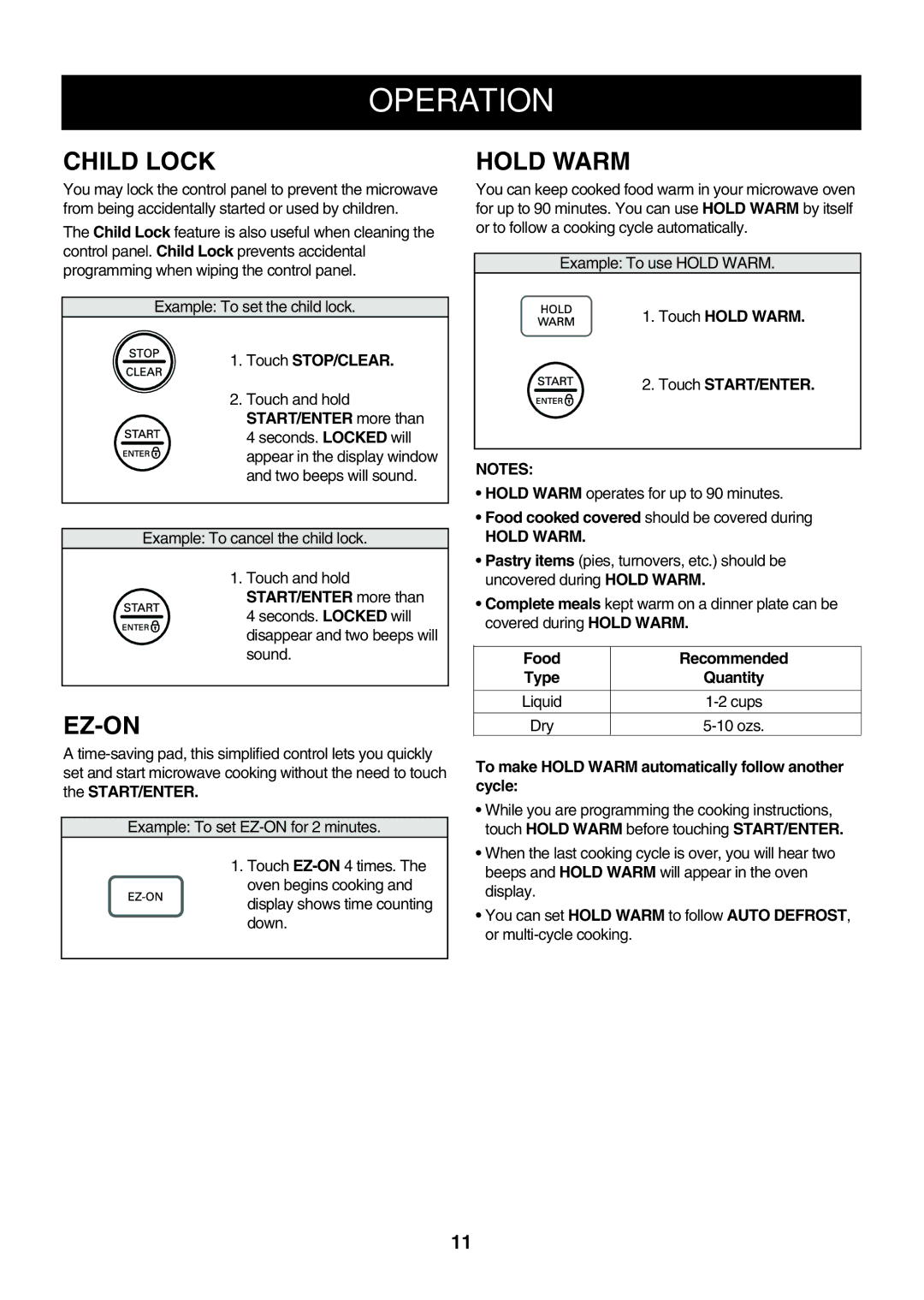 LG Electronics LMVM2055SB owner manual Child Lock, Ez-On, Hold Warm 