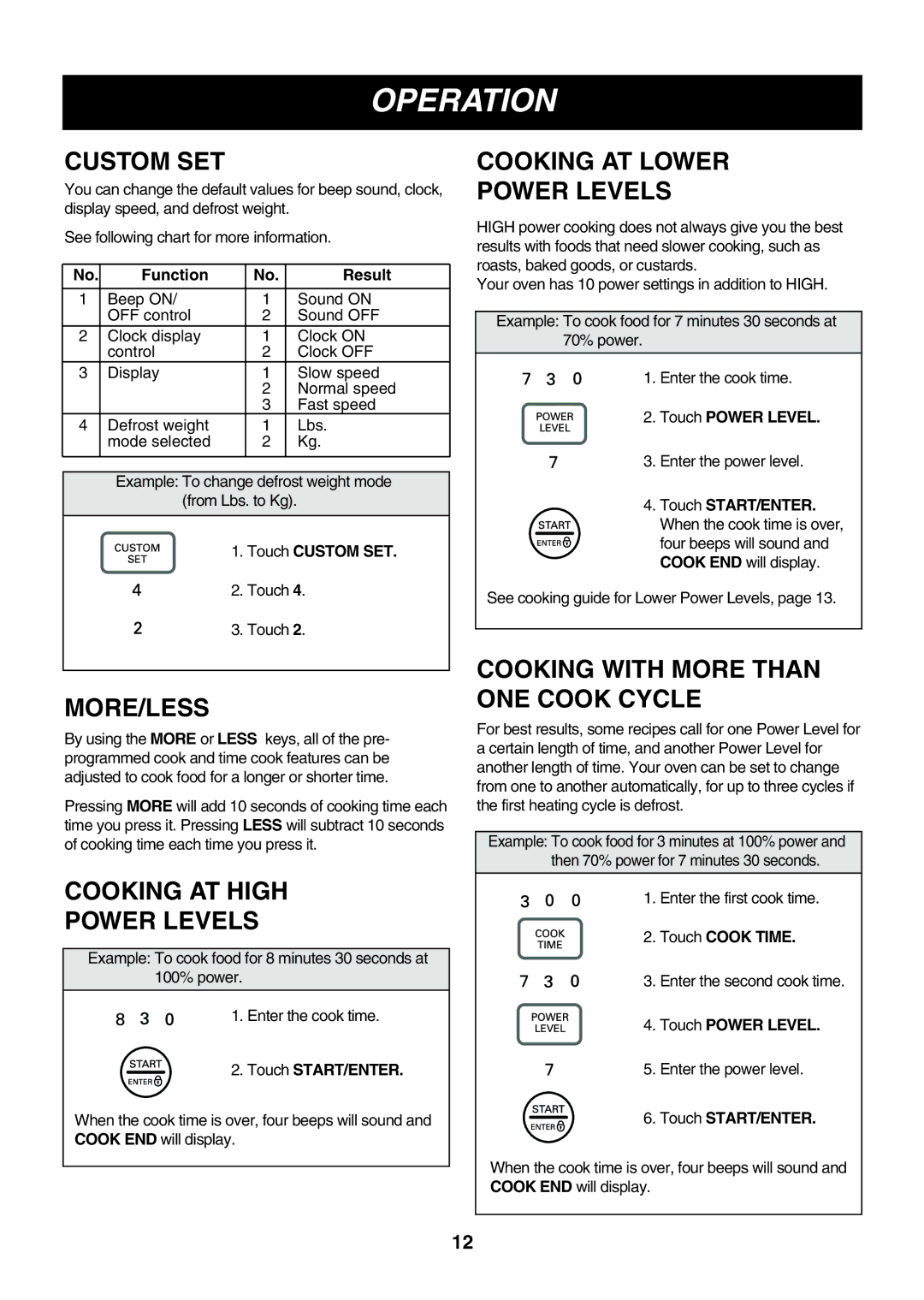 LG Electronics LMVM2055SB owner manual Custom SET, More/Less, Cooking AT High Power Levels, Cooking AT Lower Power Levels 