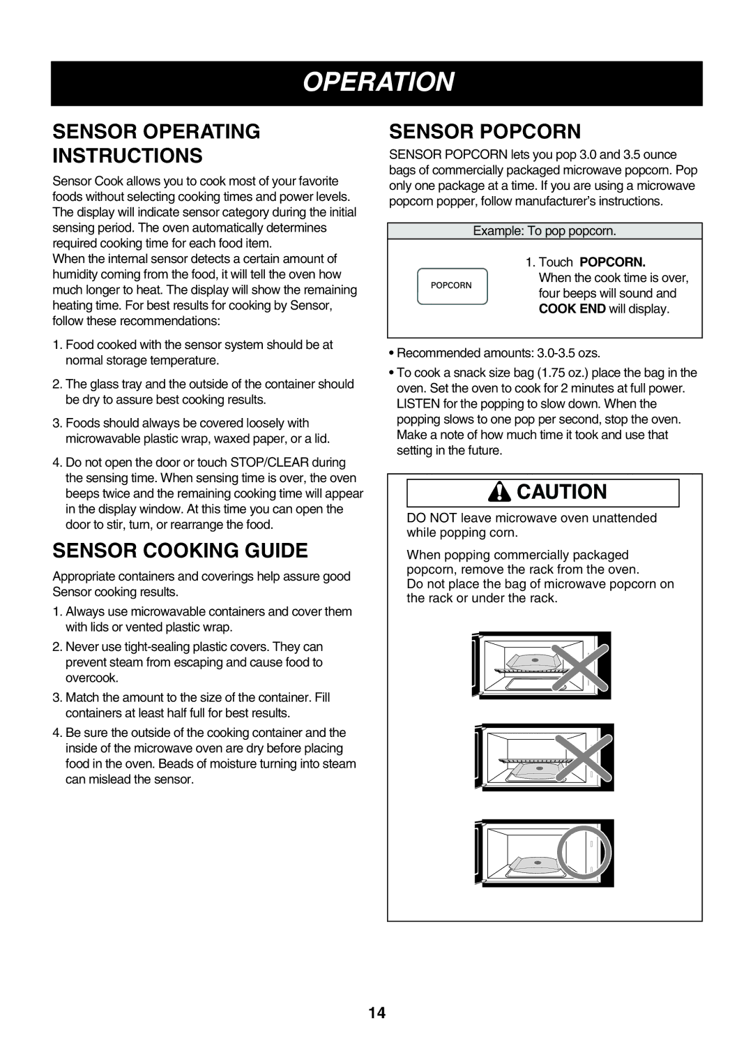 LG Electronics LMVM2055SB owner manual Sensor Operating Instructions, Sensor Cooking Guide, Sensor Popcorn, Touch Popcorn 