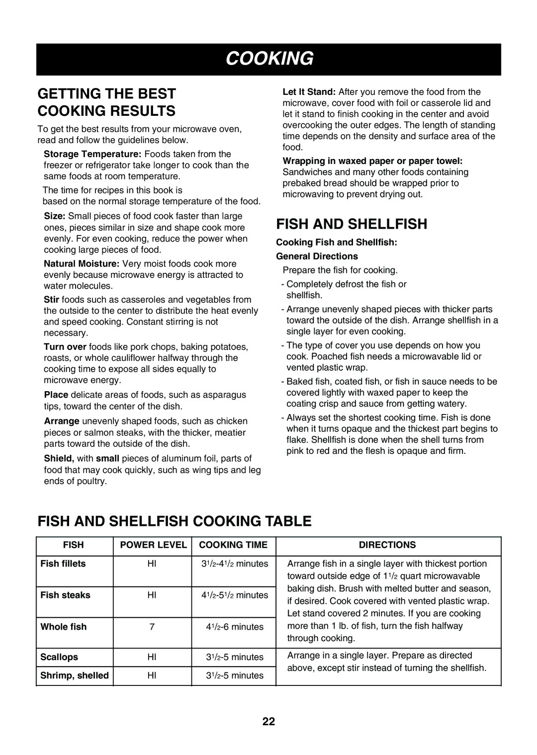 LG Electronics LMVM2055SB owner manual Getting the Best Cooking Results, Fish and Shellfish Cooking Table 