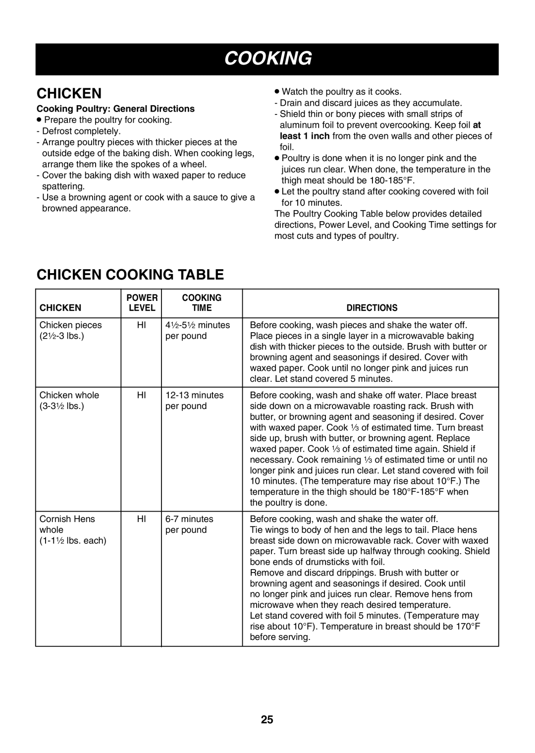 LG Electronics LMVM2055SB owner manual Chicken Cooking Table, Cooking Poultry General Directions, Power Cooking Chicken 