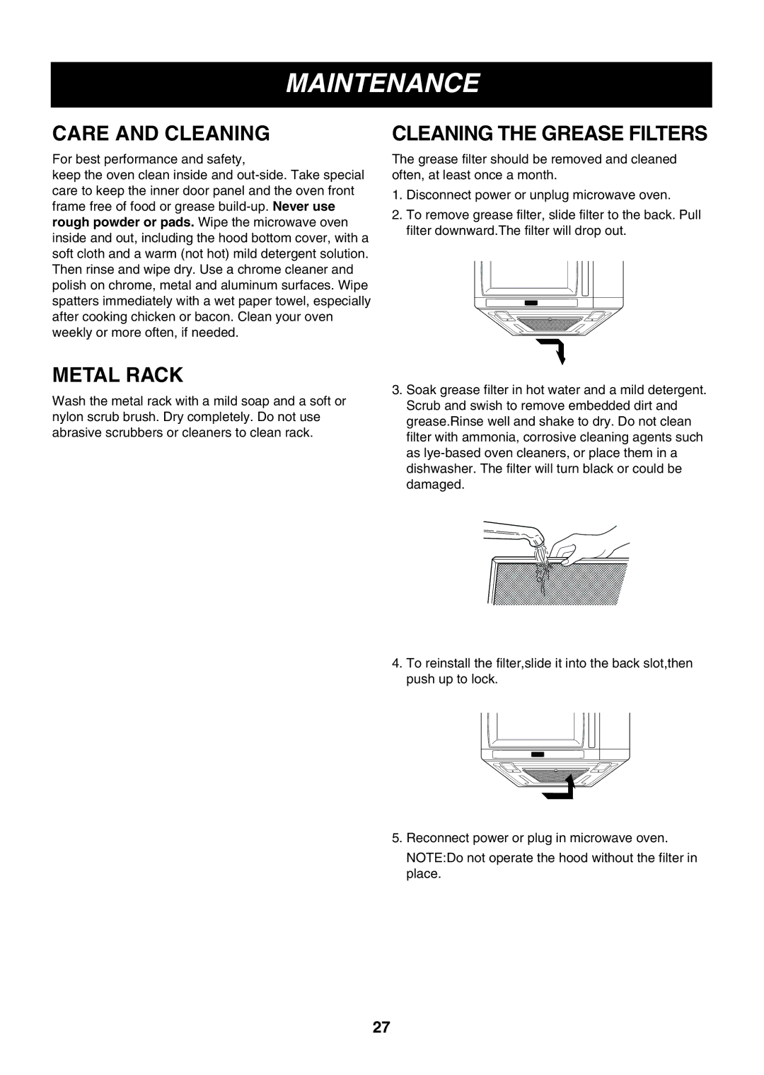 LG Electronics LMVM2055SB owner manual Maintenance, Care and Cleaning, Cleaning the Grease Filters 