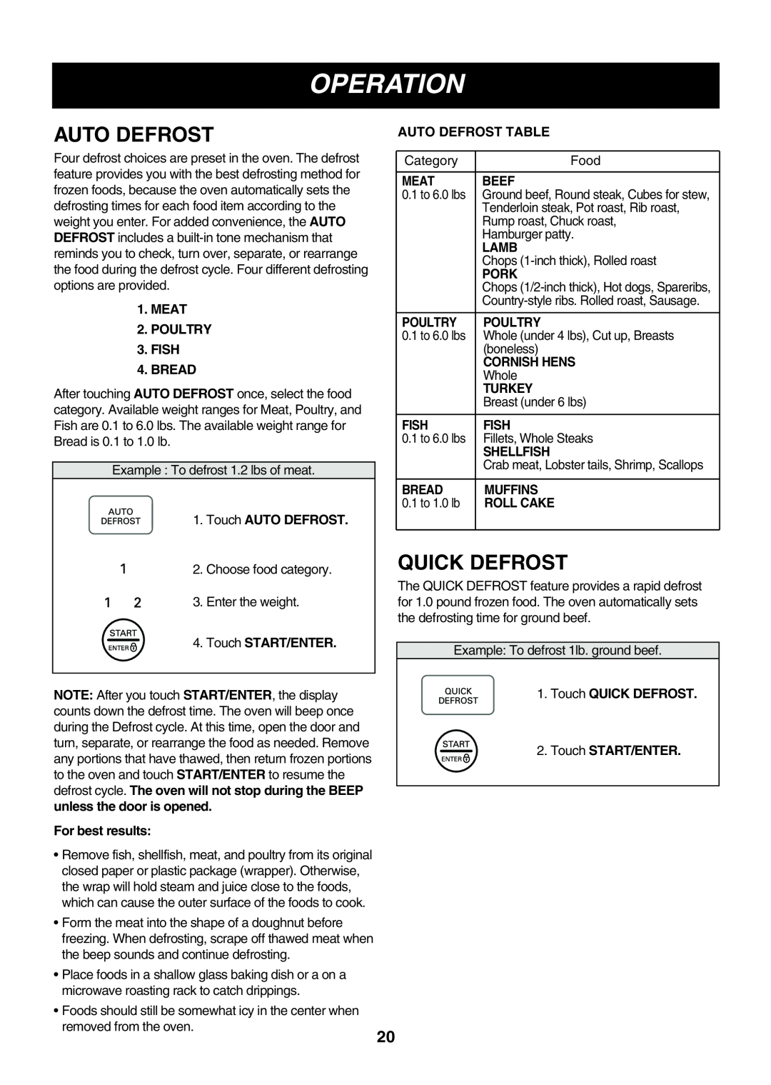 LG Electronics LMVM2055SB owner manual Auto Defrost, Quick Defrost, Operation 