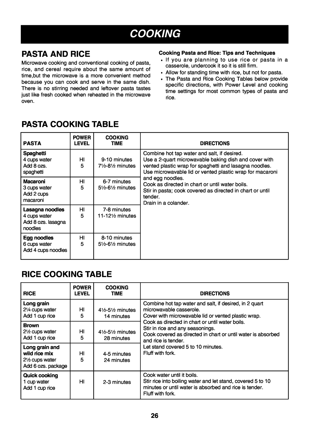 LG Electronics LMVM2055SB owner manual Pasta And Rice, Pasta Cooking Table, Rice Cooking Table 