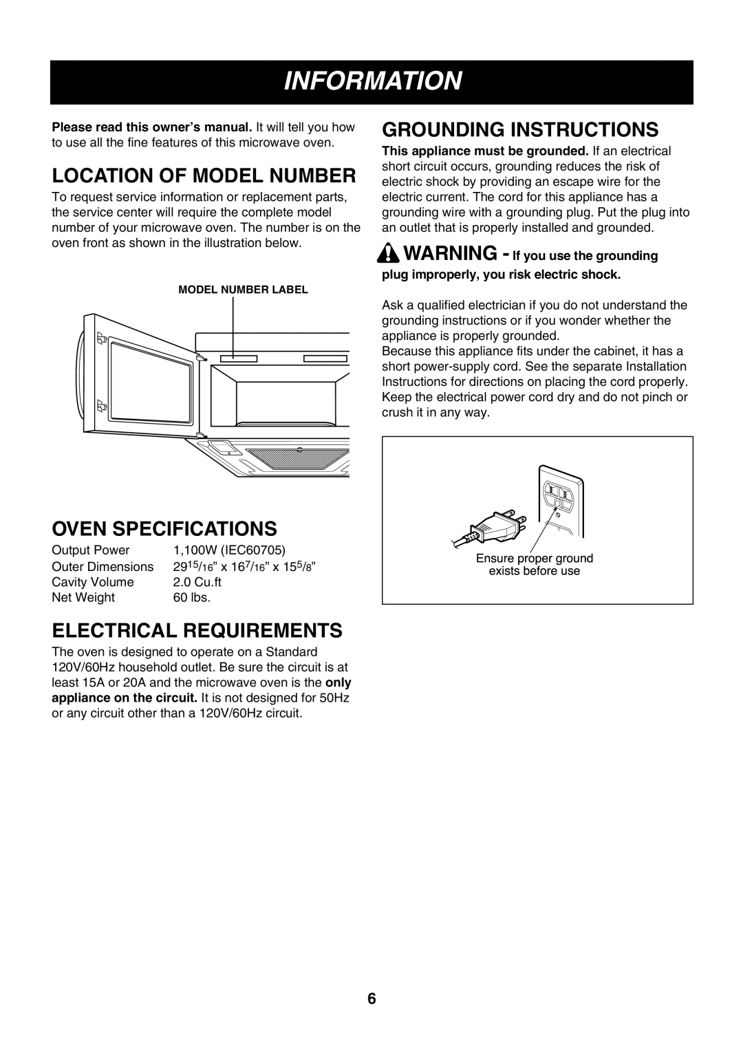 LG Electronics LMVM2055SB owner manual Information, Location Of Model Number, Grounding Instructions, Oven Specifications 