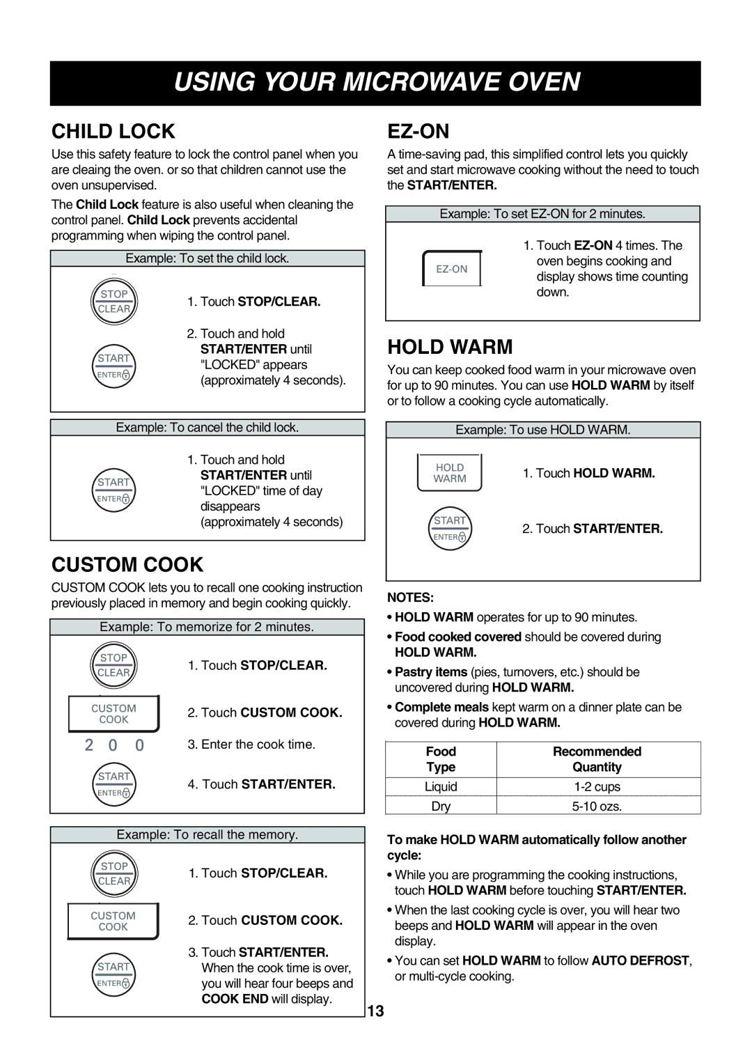 LG Electronics LMVM2075ST, LMVM2075SW, LMVM2075SB owner manual Child Lock, Custom Cook, Ez-On, Hold Warm 