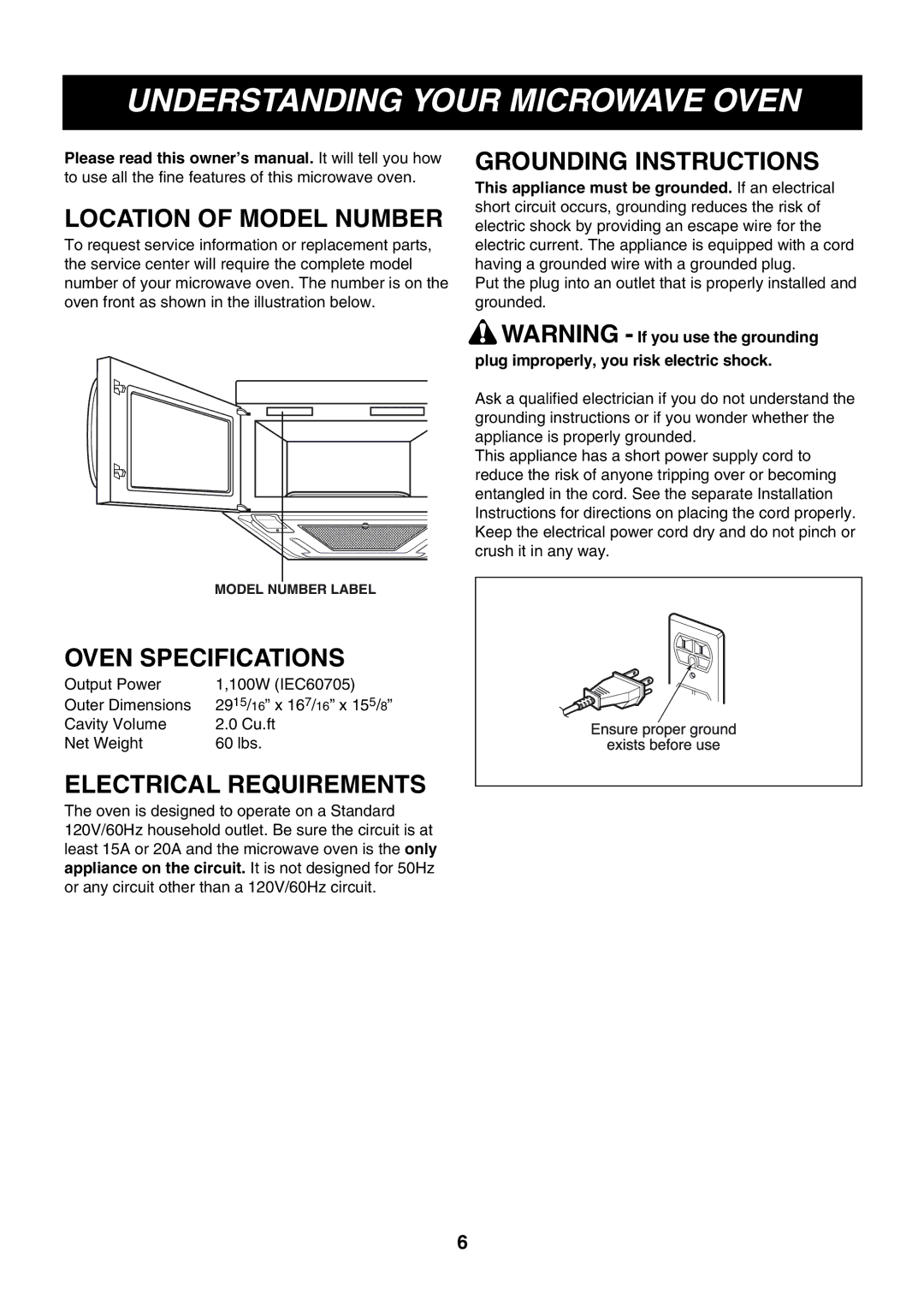 LG Electronics LMVM2075SW, LMVM2075ST Understanding Your Microwave Oven, Location of Model Number, Grounding Instructions 