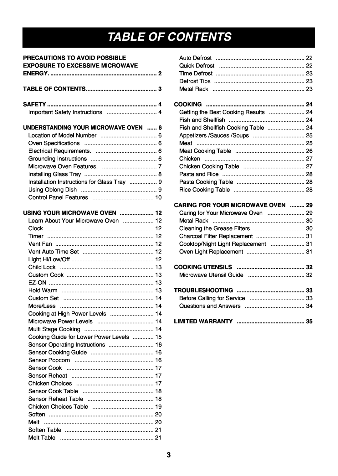 LG Electronics LMVM2075SW, LMVM2075ST, LMVM2075SB owner manual Table Of Contents 