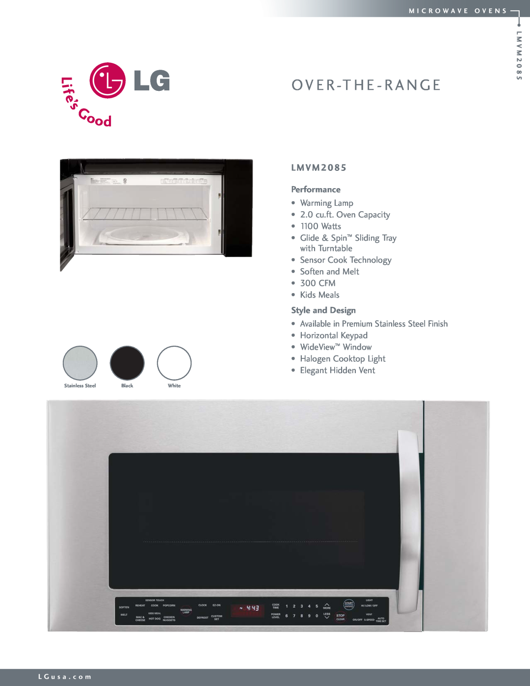 LG Electronics LMVM2085SB manual L M V M, O V E R -Th E - R A N G E, Performance, Style and Design 
