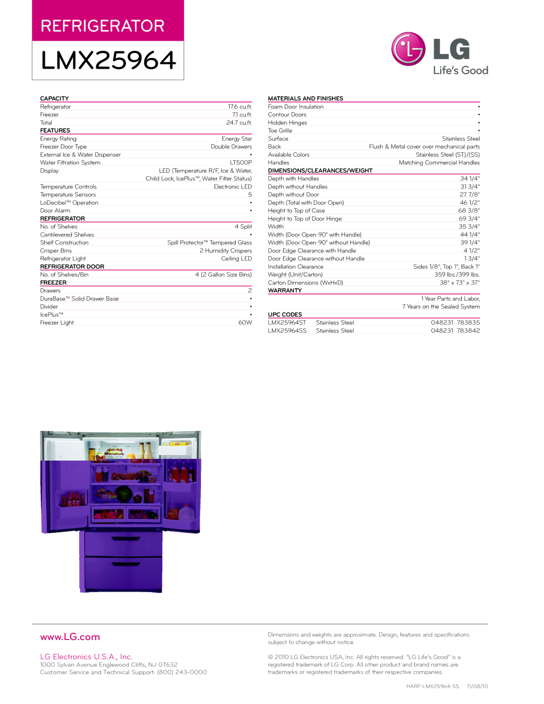 LG Electronics LMX25964 Capacity, Features, Refrigerator Door, Freezer, Materials and Finishes, Warranty, UPC Codes 