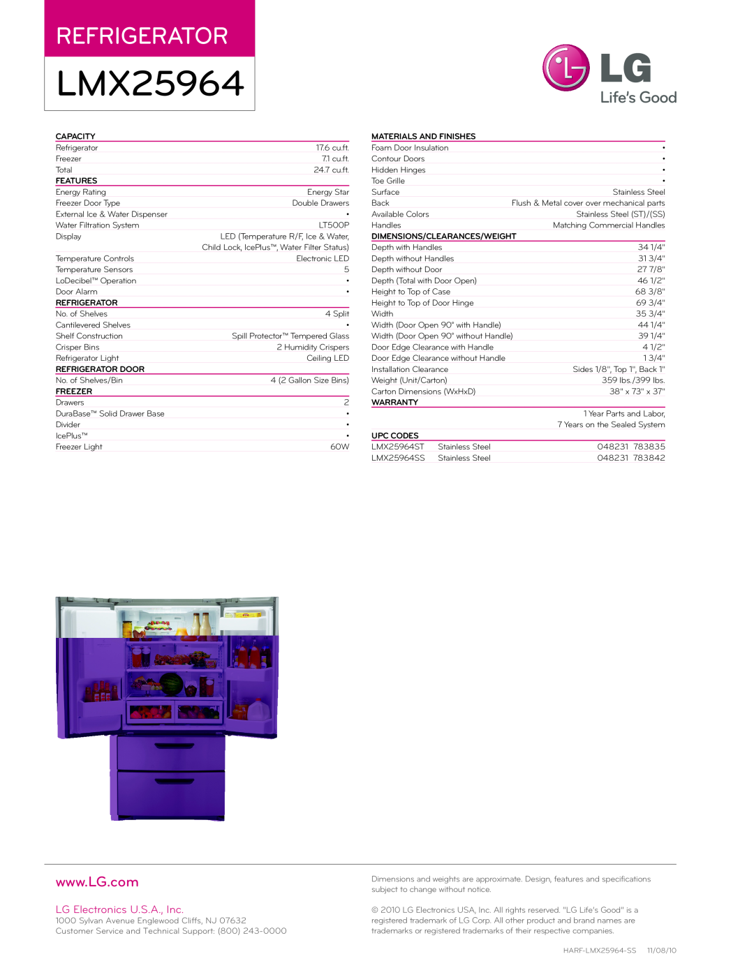 LG Electronics LMX25964 manual LG Electronics U.S.A., Inc, Capacity, Features, Refrigerator Door, Freezer, Warranty 