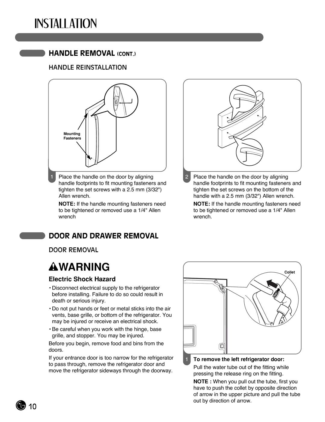 LG Electronics LMX21981**, LMX25981** Door and Drawer Removal, Handle Reinstallation, Door Removal, Electric Shock Hazard 