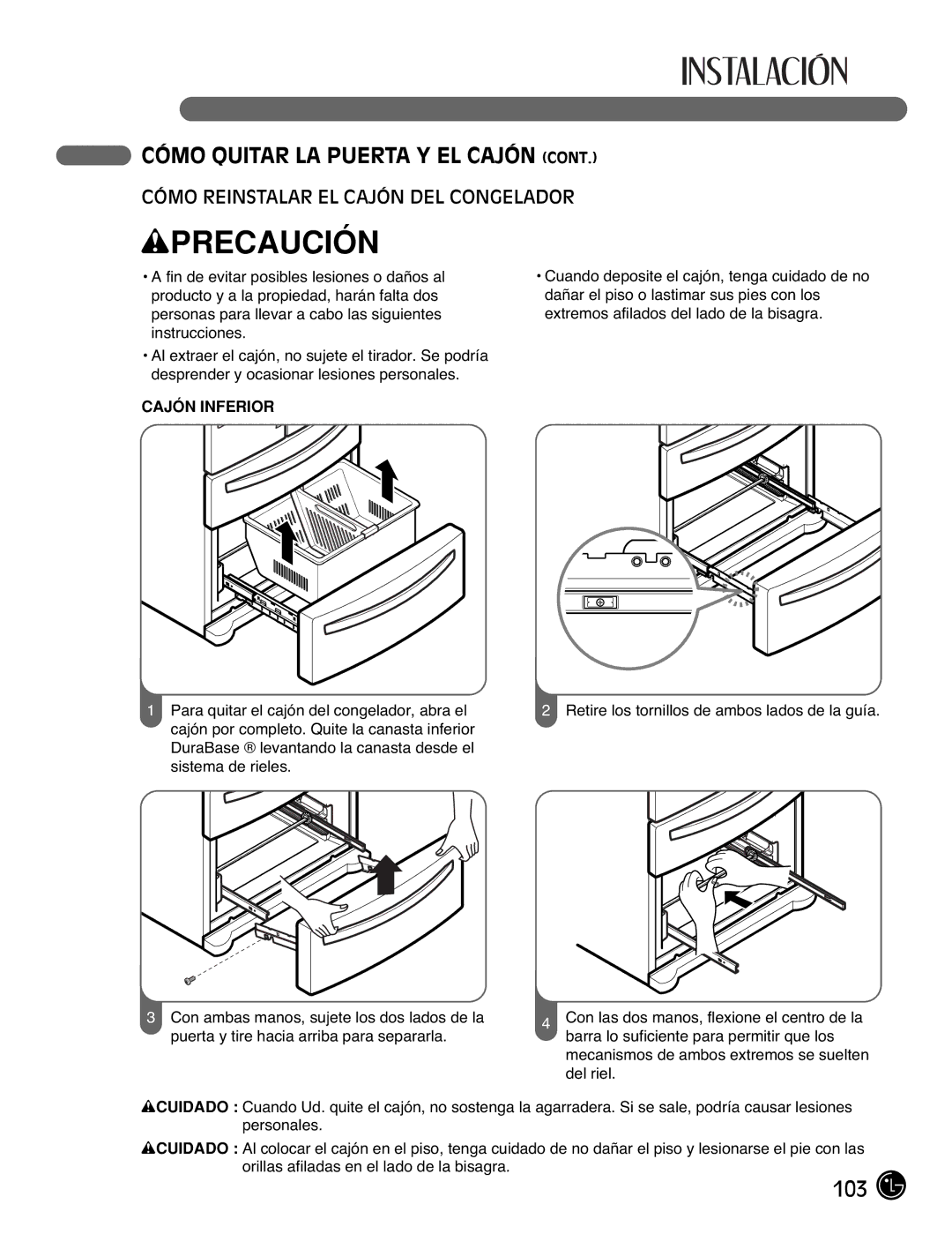 LG Electronics LMX21971, LMX25981**, LMX2525971, LMX21981** manual Cómo Reinstalar EL Cajón DEL Congelador, Cajón Inferior 