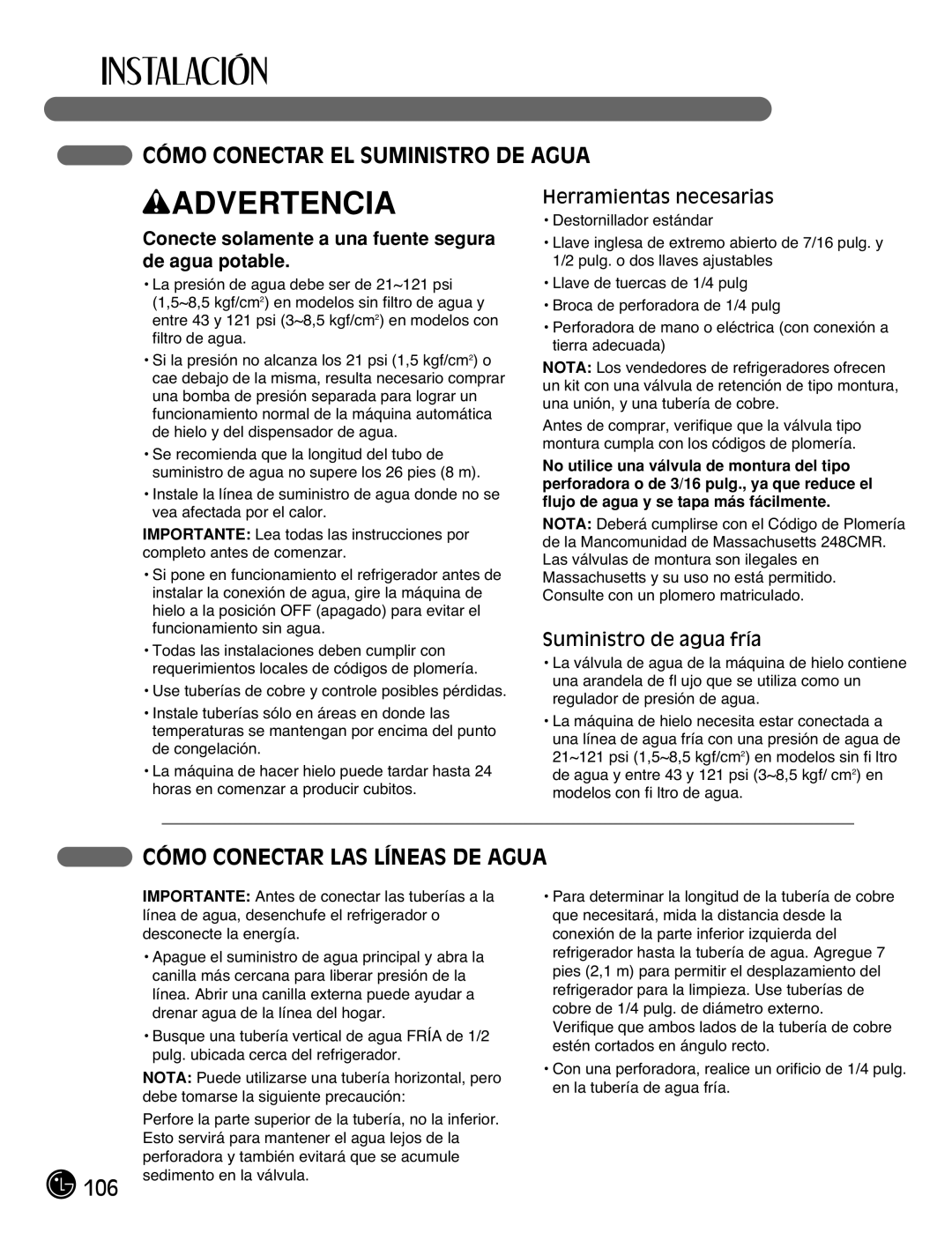 LG Electronics LMX21981** Cómo Conectar EL Suministro DE Agua, Cómo Conectar LAS Líneas DE Agua, Herramientas necesarias 