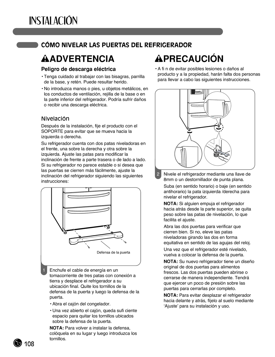 LG Electronics LMX25981**, LMX2525971, LMX21981**, LMX21971 manual Cómo Nivelar LAS Puertas DEL Refrigerador, Nivelación 