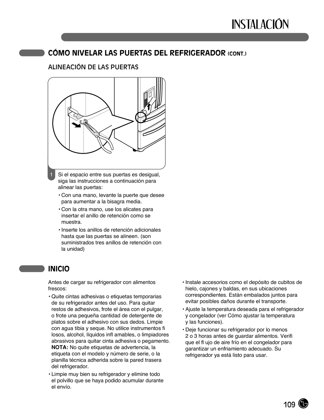 LG Electronics LMX2525971, LMX25981**, LMX21981**, LMX21971 manual Inicio, Alineación DE LAS Puertas 