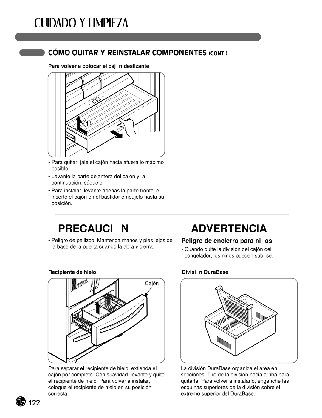 LG Electronics LMX21981** Peligro de encierro para niños, Para volver a colocar el cajón deslizante, Recipiente de hielo 