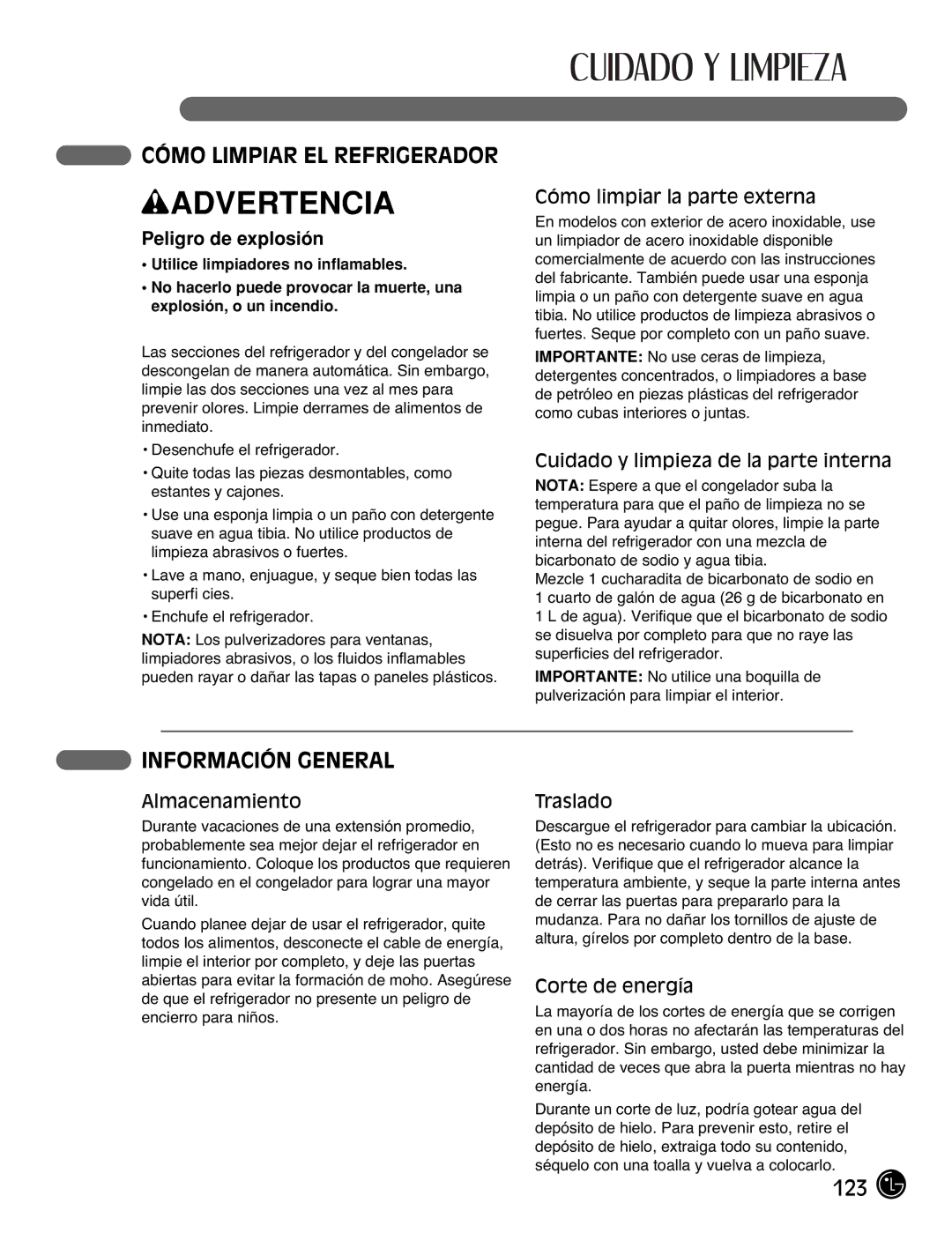 LG Electronics LMX21971, LMX25981**, LMX2525971 Cómo Limpiar EL Refrigerador, Información General, Peligro de explosión 