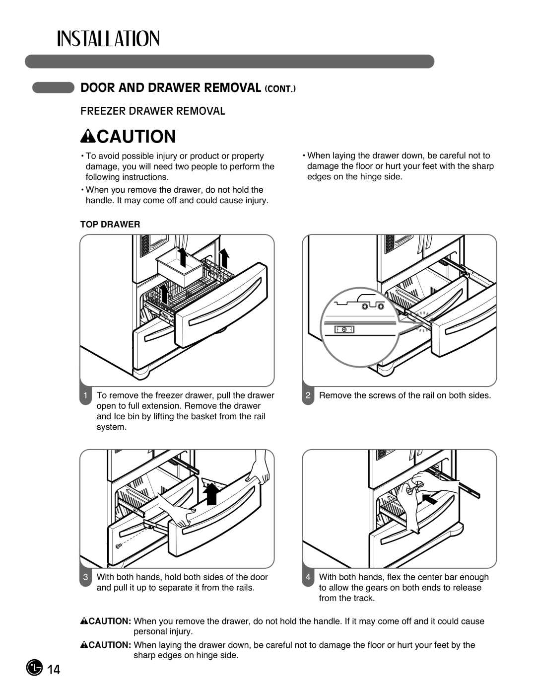 LG Electronics LMX21981**, LMX25981**, LMX2525971, LMX21971 manual Freezer Drawer Removal, TOP Drawer 