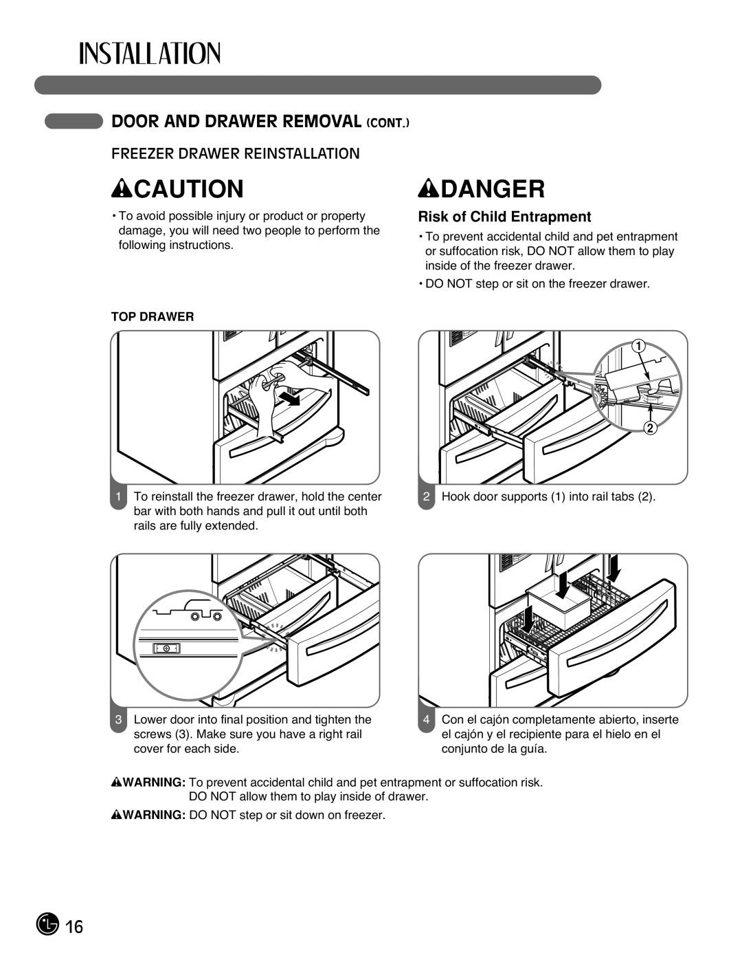 LG Electronics LMX25981**, LMX2525971, LMX21981**, LMX21971 manual Freezer Drawer Reinstallation, Risk of Child Entrapment 