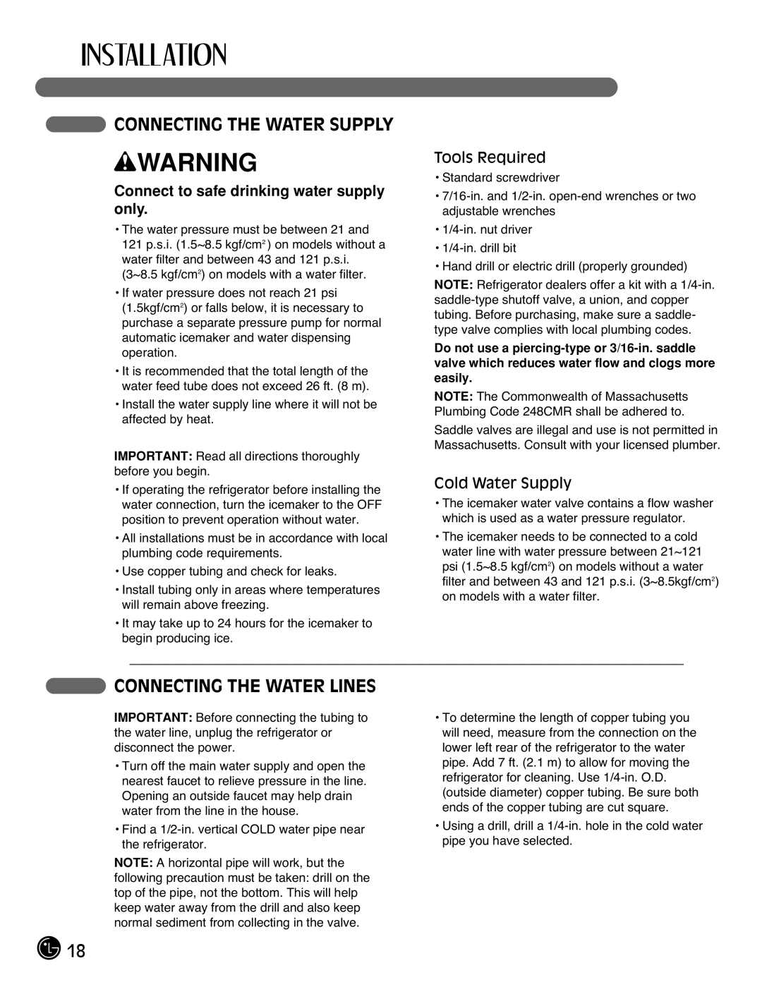 LG Electronics LMX21981** manual Connecting the Water Supply, Connecting the Water Lines, Tools Required, Cold Water Supply 