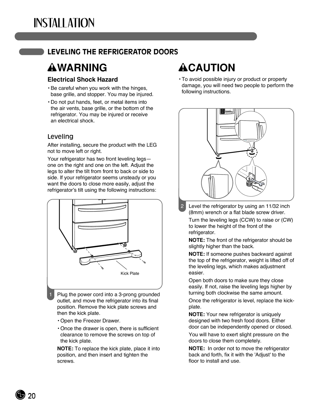 LG Electronics LMX25981**, LMX2525971, LMX21981**, LMX21971 manual Leveling the Refrigerator Doors 