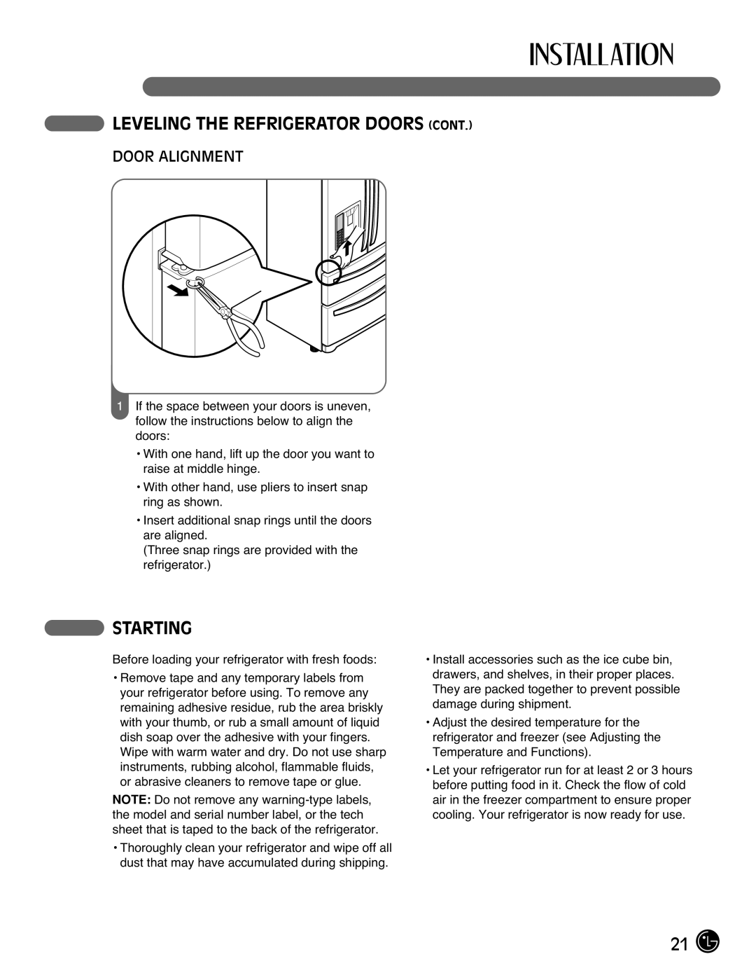 LG Electronics LMX2525971, LMX25981**, LMX21981**, LMX21971 manual Starting, Door Alignment 