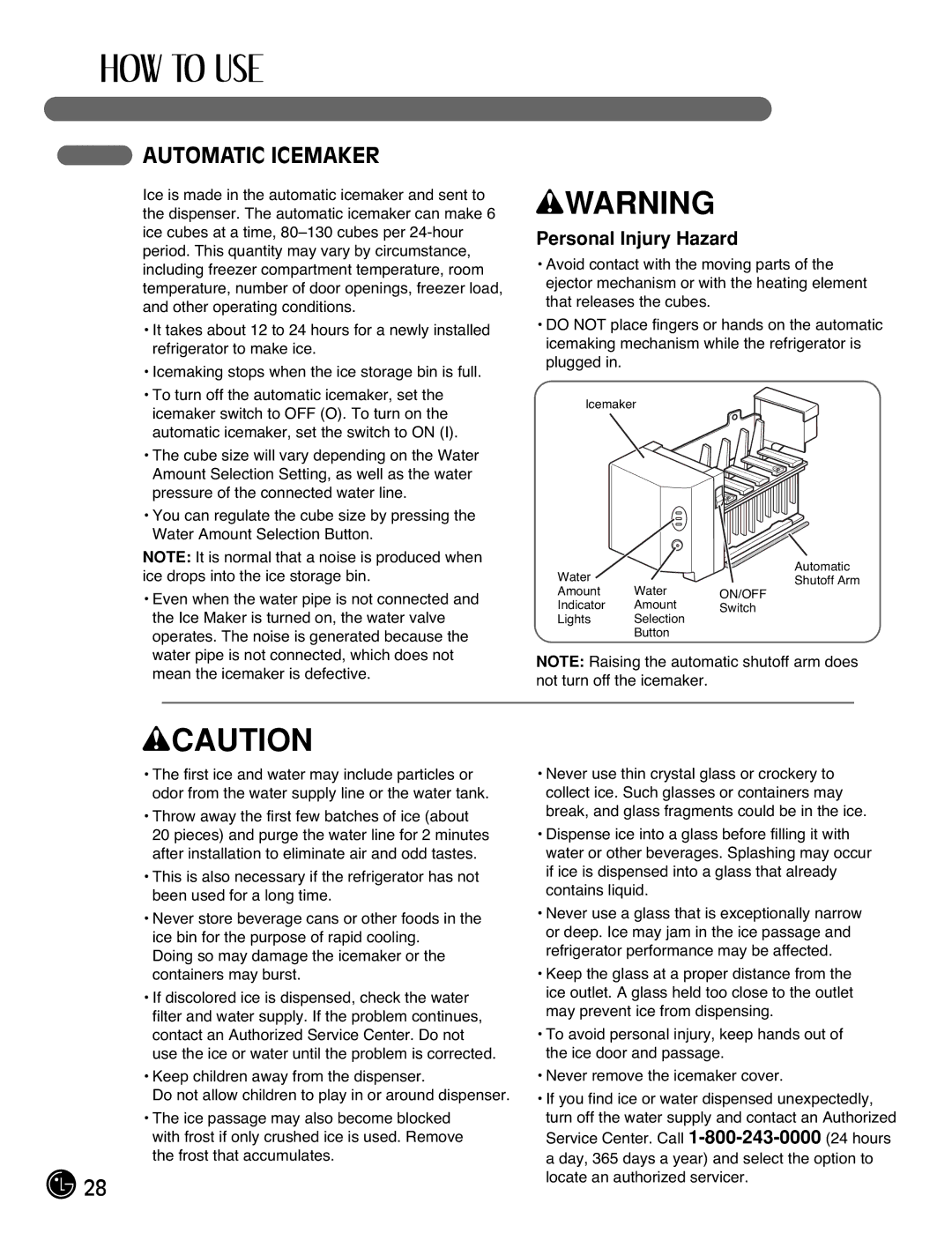 LG Electronics LMX25981**, LMX2525971, LMX21981**, LMX21971 manual Automatic Icemaker, Personal Injury Hazard 