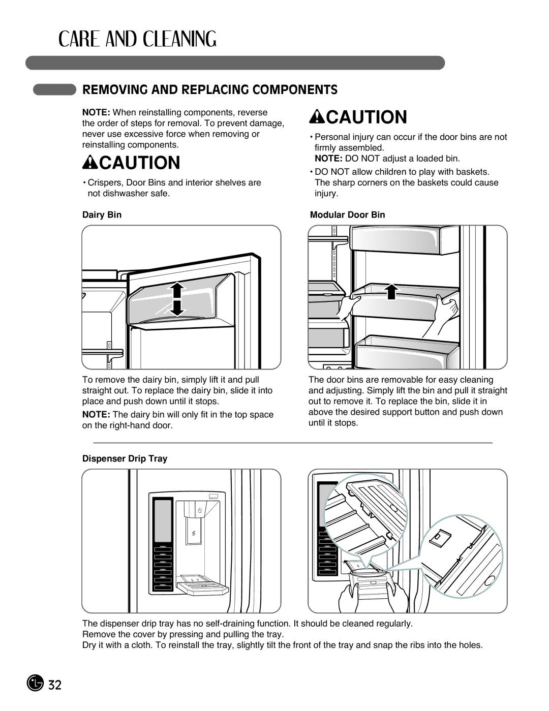 LG Electronics LMX25981**, LMX2525971 Removing and Replacing Components, Dairy Bin Modular Door Bin, Dispenser Drip Tray 