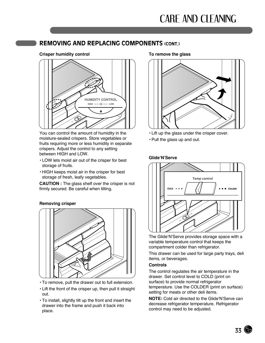 LG Electronics LMX2525971, LMX25981**, LMX21981** Crisper humidity control To remove the glass, Removing crisper, Controls 