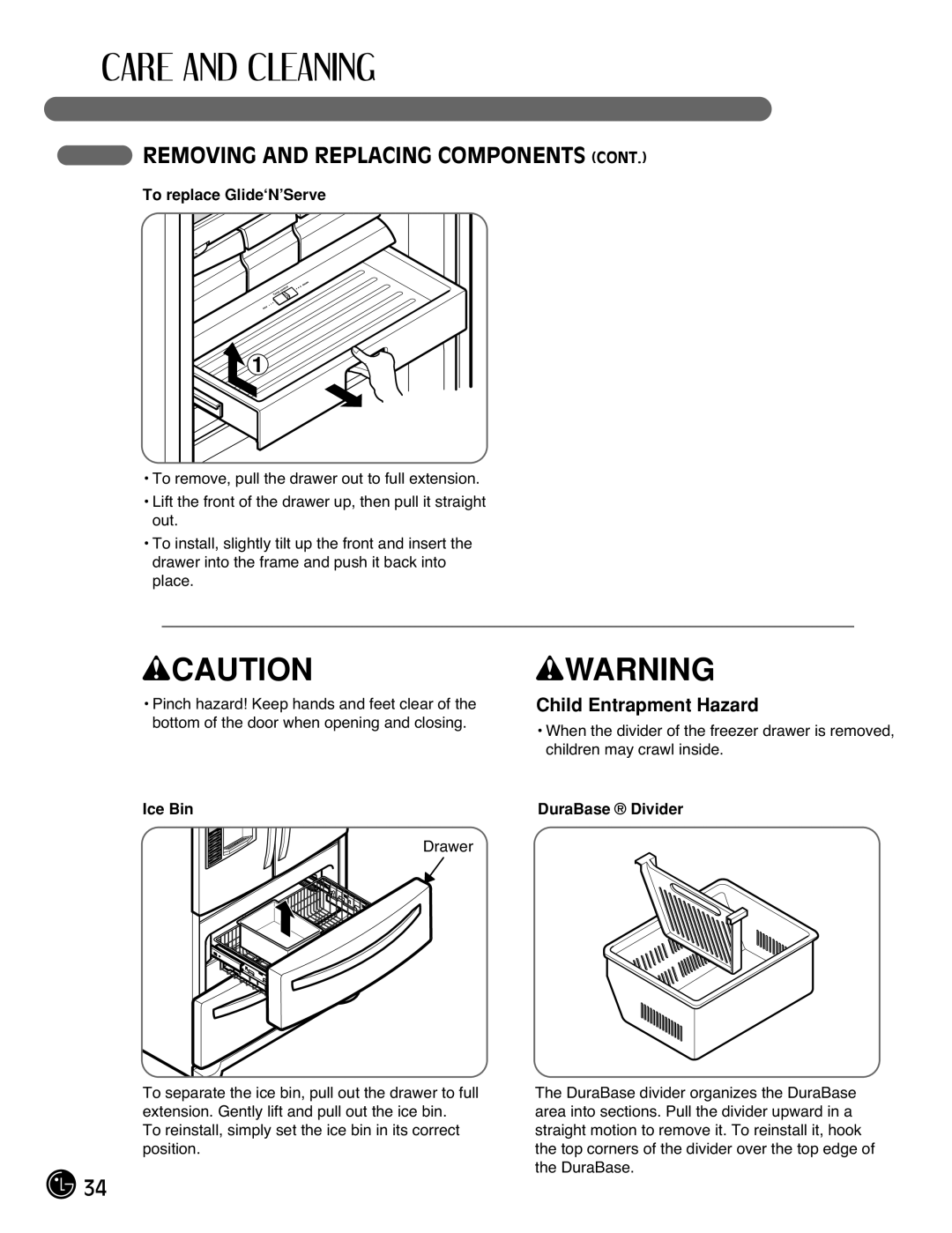 LG Electronics LMX21981**, LMX25981** manual Child Entrapment Hazard, To replace Glide‘N’Serve, Ice Bin, DuraBase Divider 