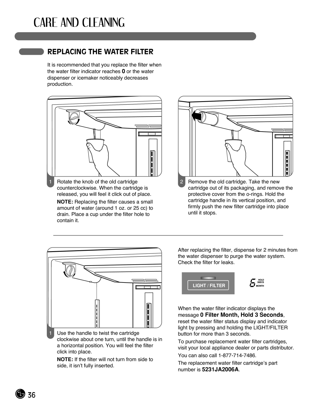 LG Electronics LMX25981**, LMX2525971, LMX21981**, LMX21971 manual Replacing the Water Filter 