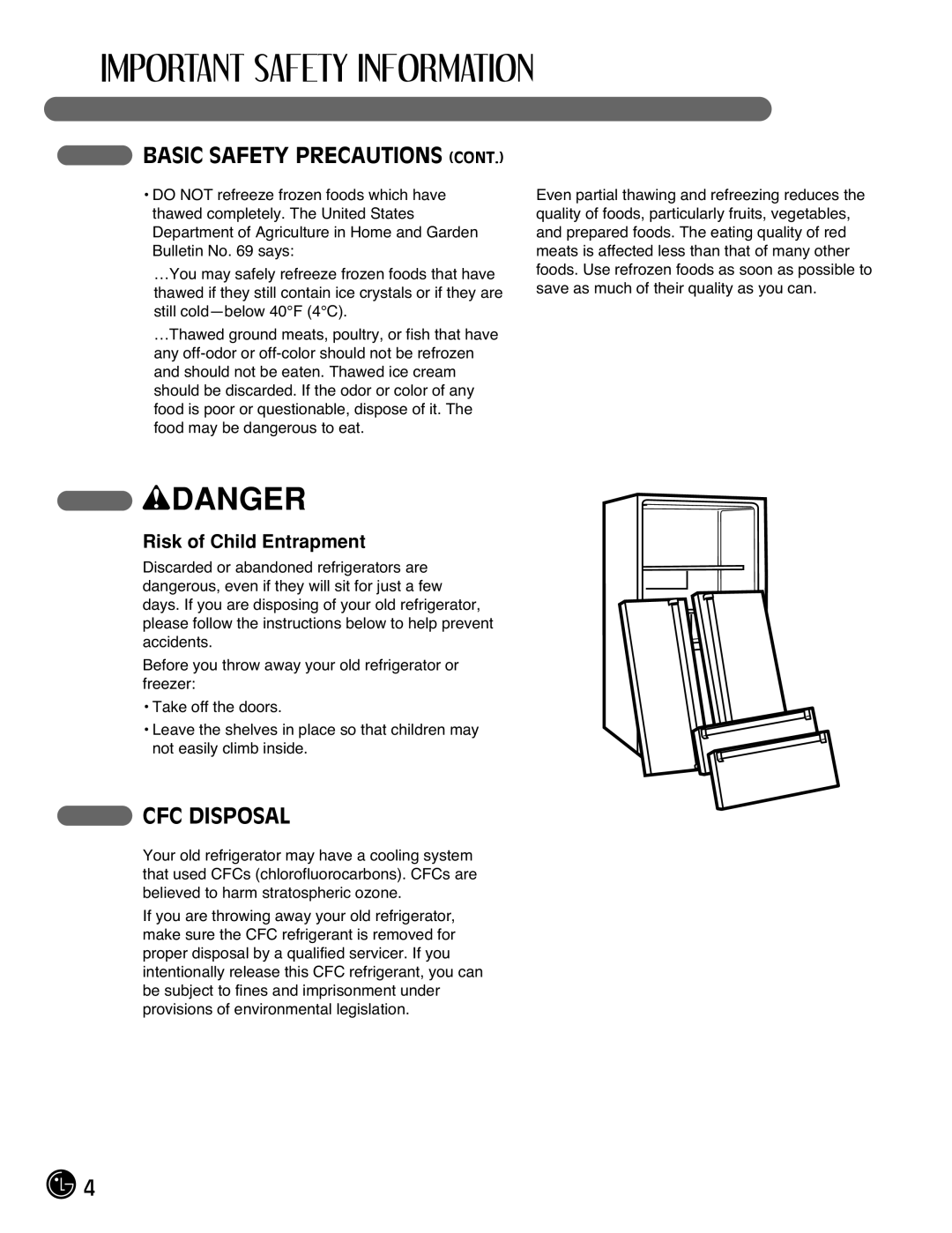 LG Electronics LMX25981**, LMX2525971, LMX21981**, LMX21971 manual CFC Disposal, Risk of Child Entrapment 