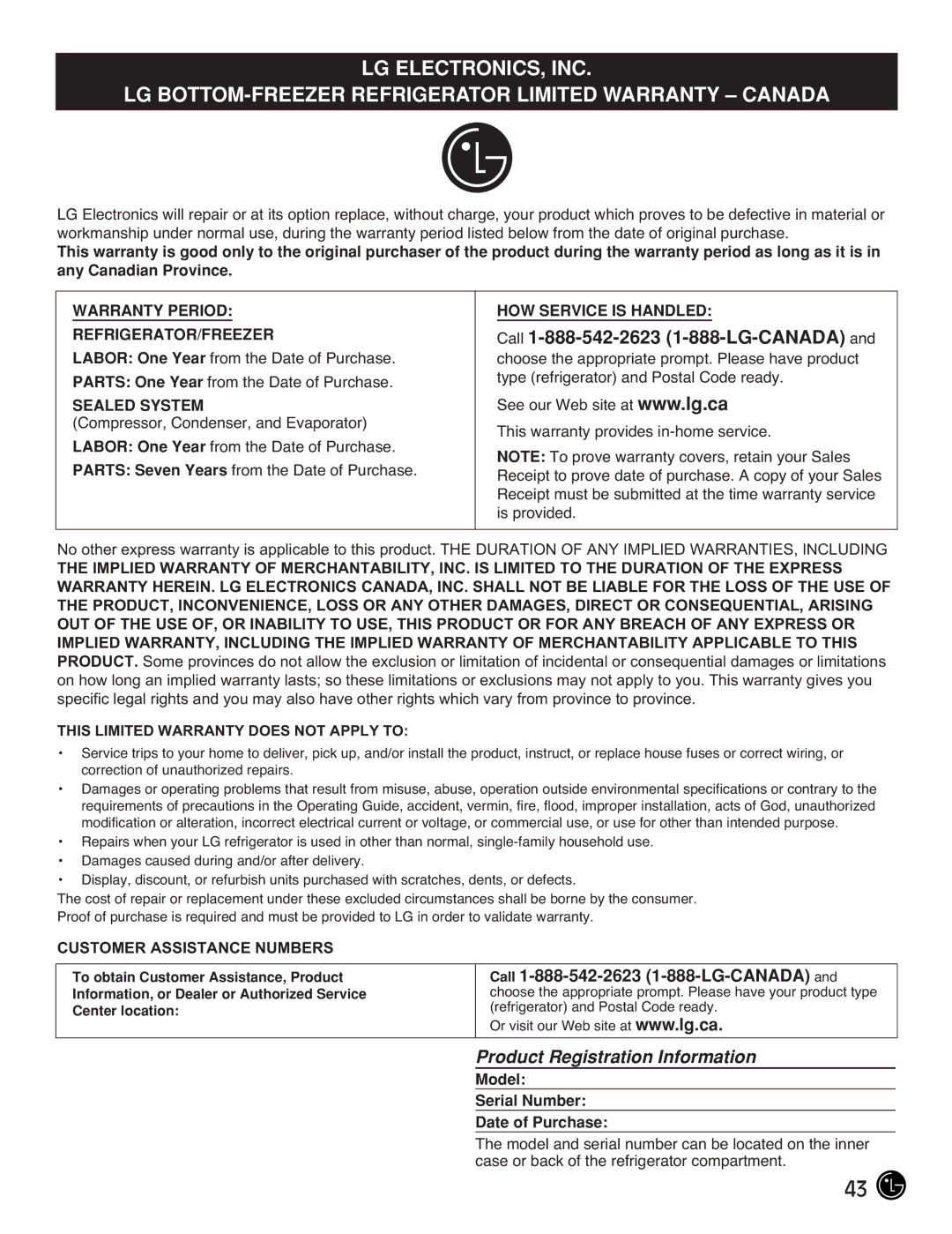 LG Electronics LMX21971, LMX25981**, LMX2525971, LMX21981** Call 1-888-542-2623 1-888-LG-CANADA, Customer Assistance Numbers 