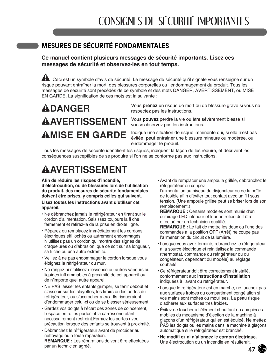 LG Electronics LMX21971 Mesures DE Sécurité Fondamentales, Lisez toutes les instructions avant d’utiliser cet appareil 