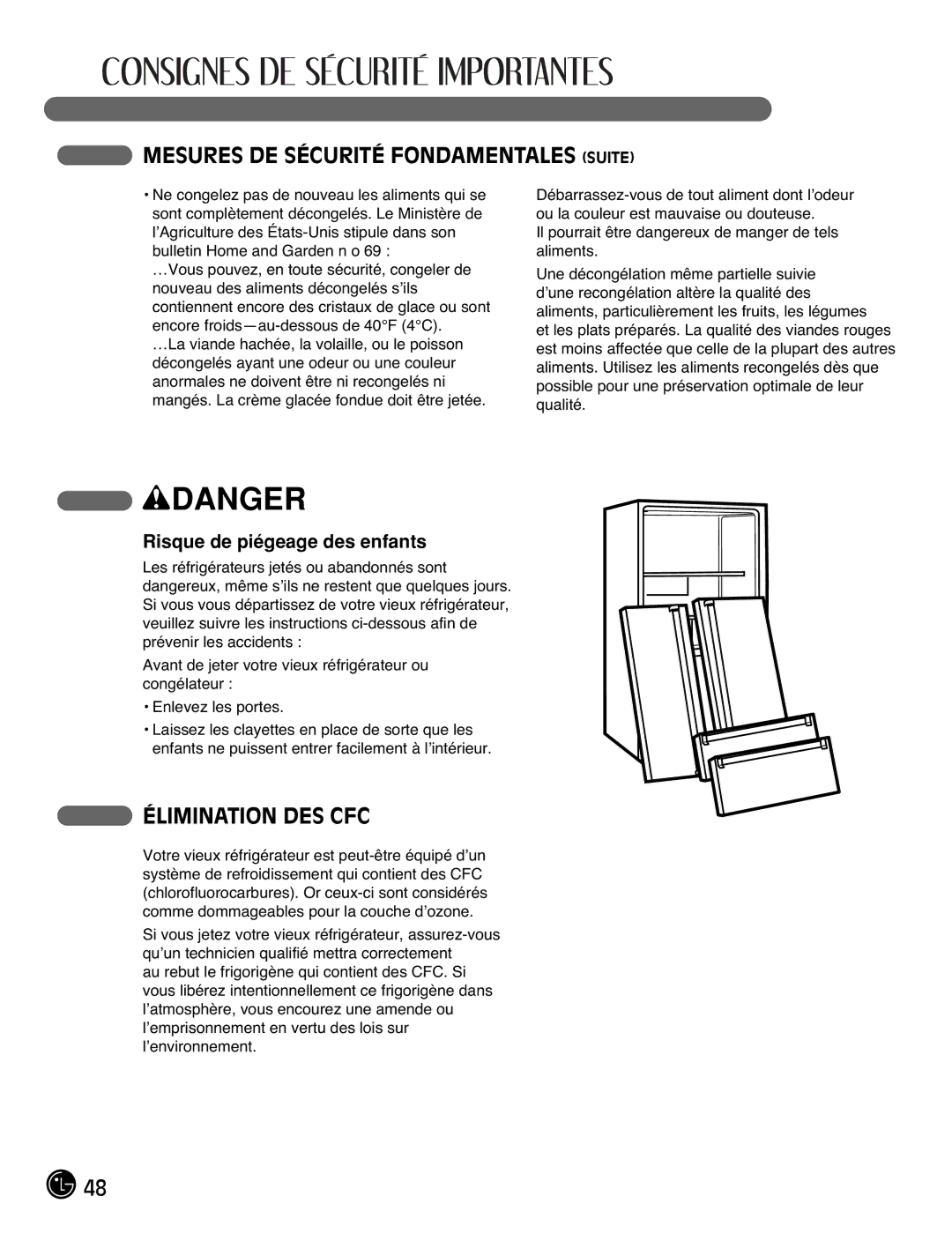 LG Electronics LMX25981** Mesures DE Sécurité Fondamentales Suite, Élimination DES CFC, Risque de piégeage des enfants 