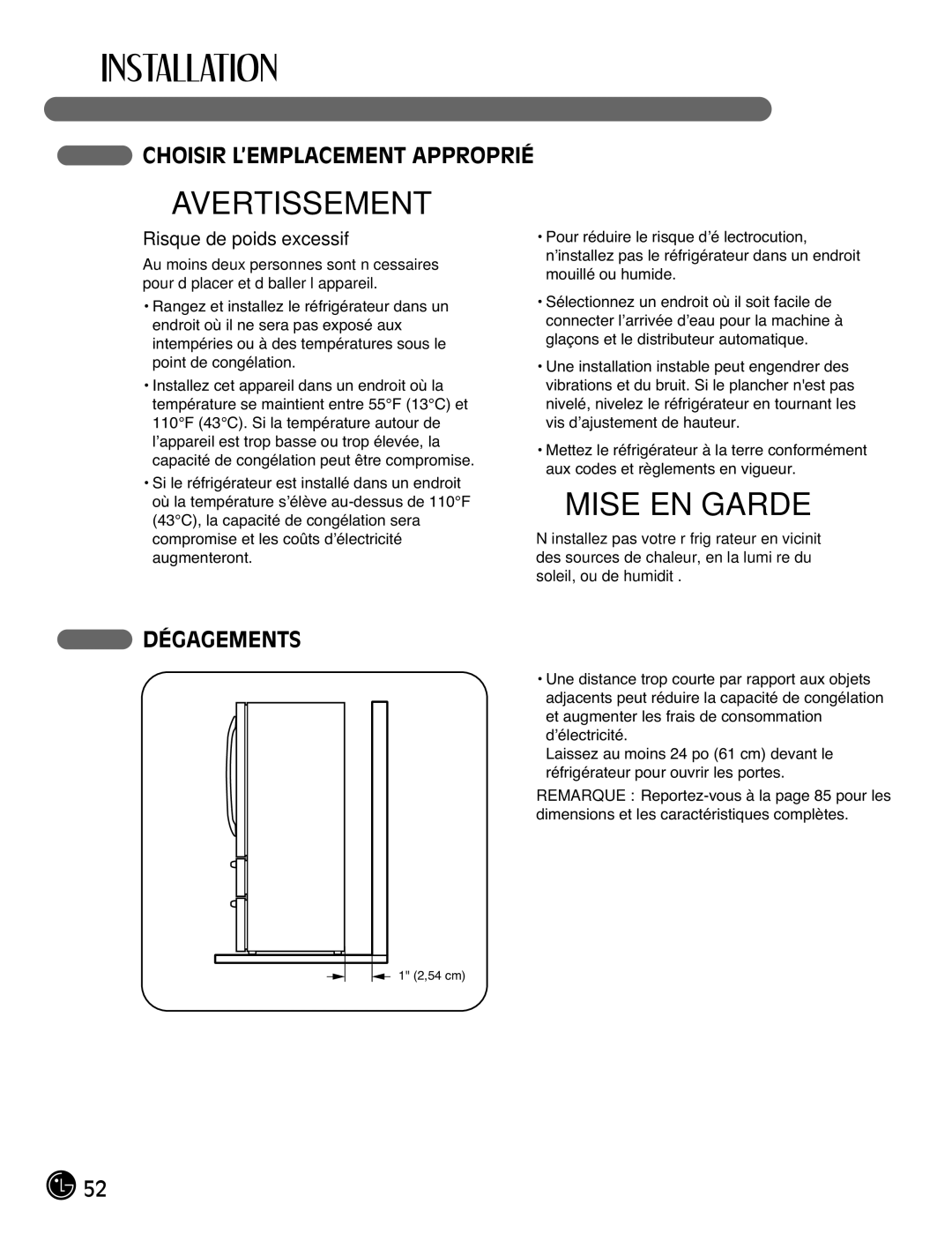 LG Electronics LMX25981**, LMX2525971, LMX21981** Choisir L’EMPLACEMENT Approprié, Dégagements, Risque de poids excessif 