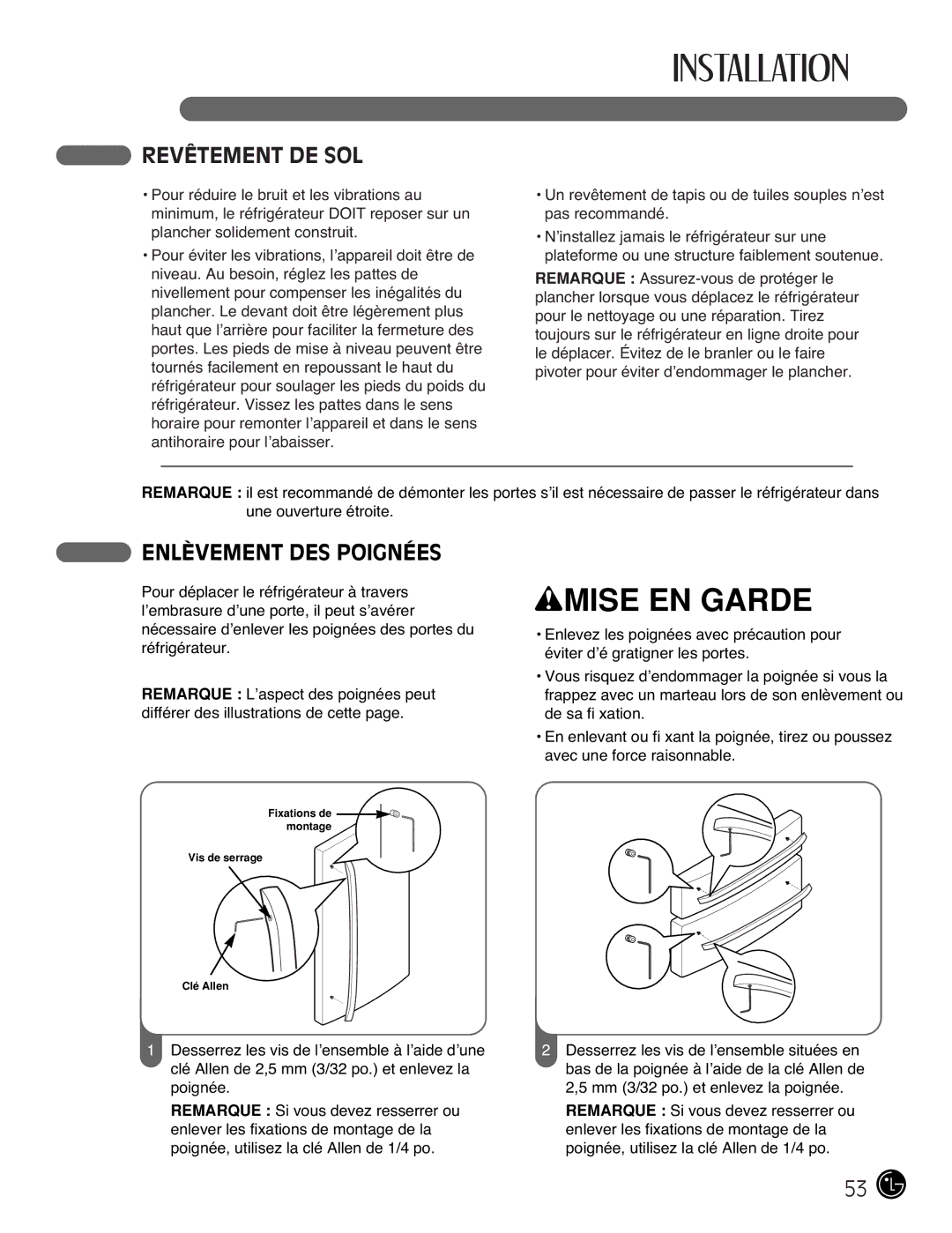 LG Electronics LMX2525971, LMX25981**, LMX21981**, LMX21971 manual Revêtement DE SOL, Enlèvement DES Poignées 