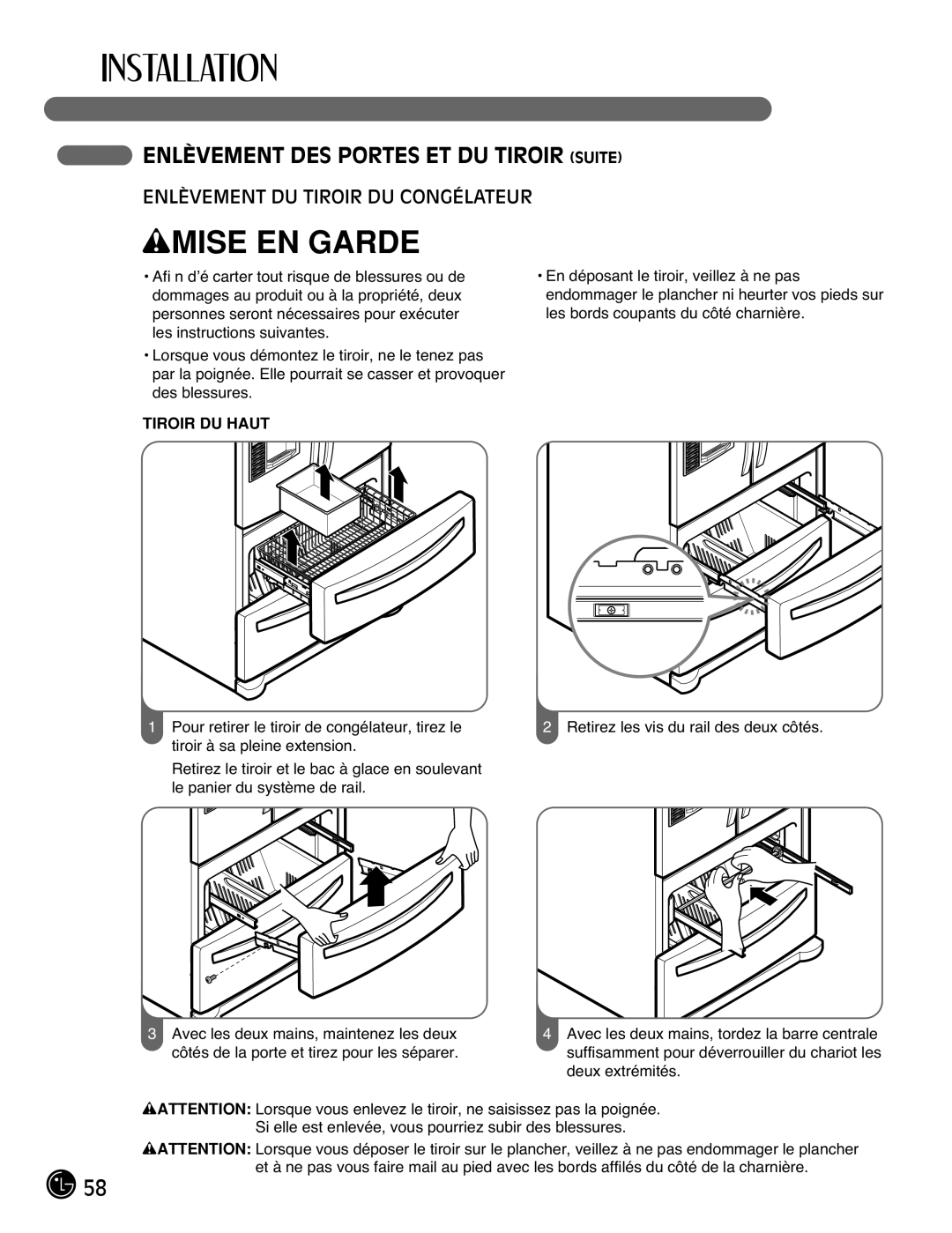 LG Electronics LMX21981**, LMX25981**, LMX2525971, LMX21971 manual Enlèvement DU Tiroir DU Congélateur, Tiroir DU Haut 