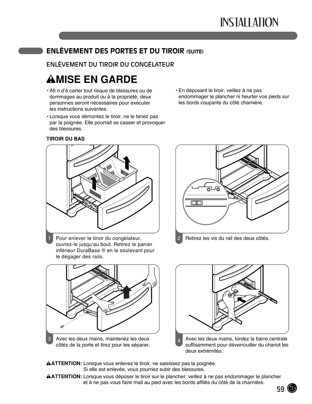 LG Electronics LMX21971, LMX25981**, LMX2525971, LMX21981** manual Tiroir DU BAS 