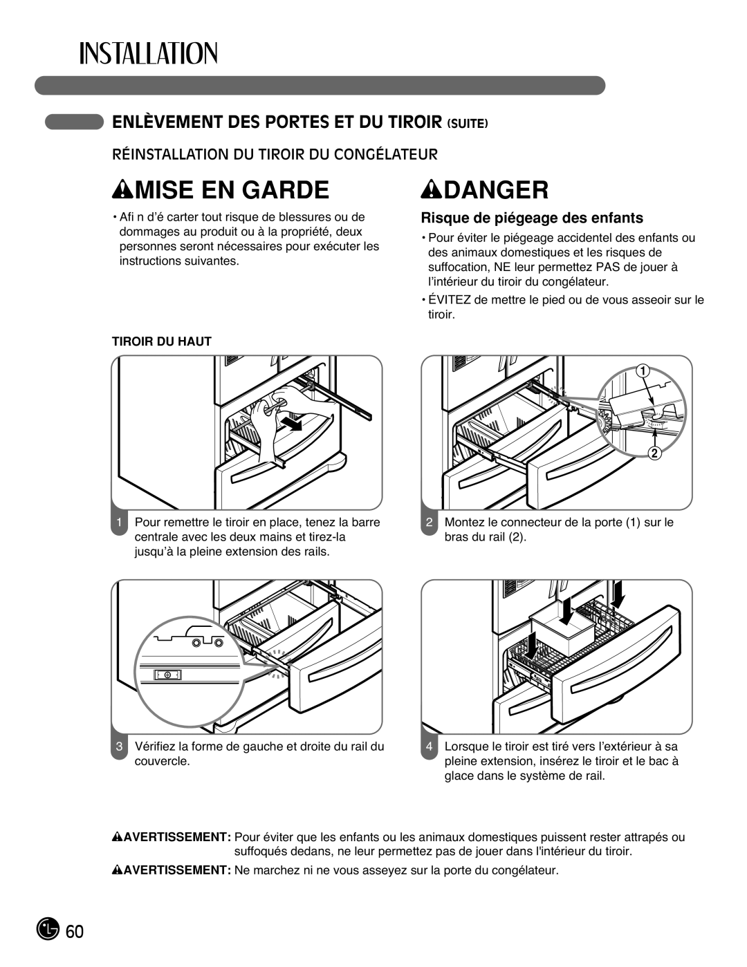 LG Electronics LMX25981**, LMX2525971, LMX21981** Réinstallation DU Tiroir DU Congélateur, Risque de piégeage des enfants 