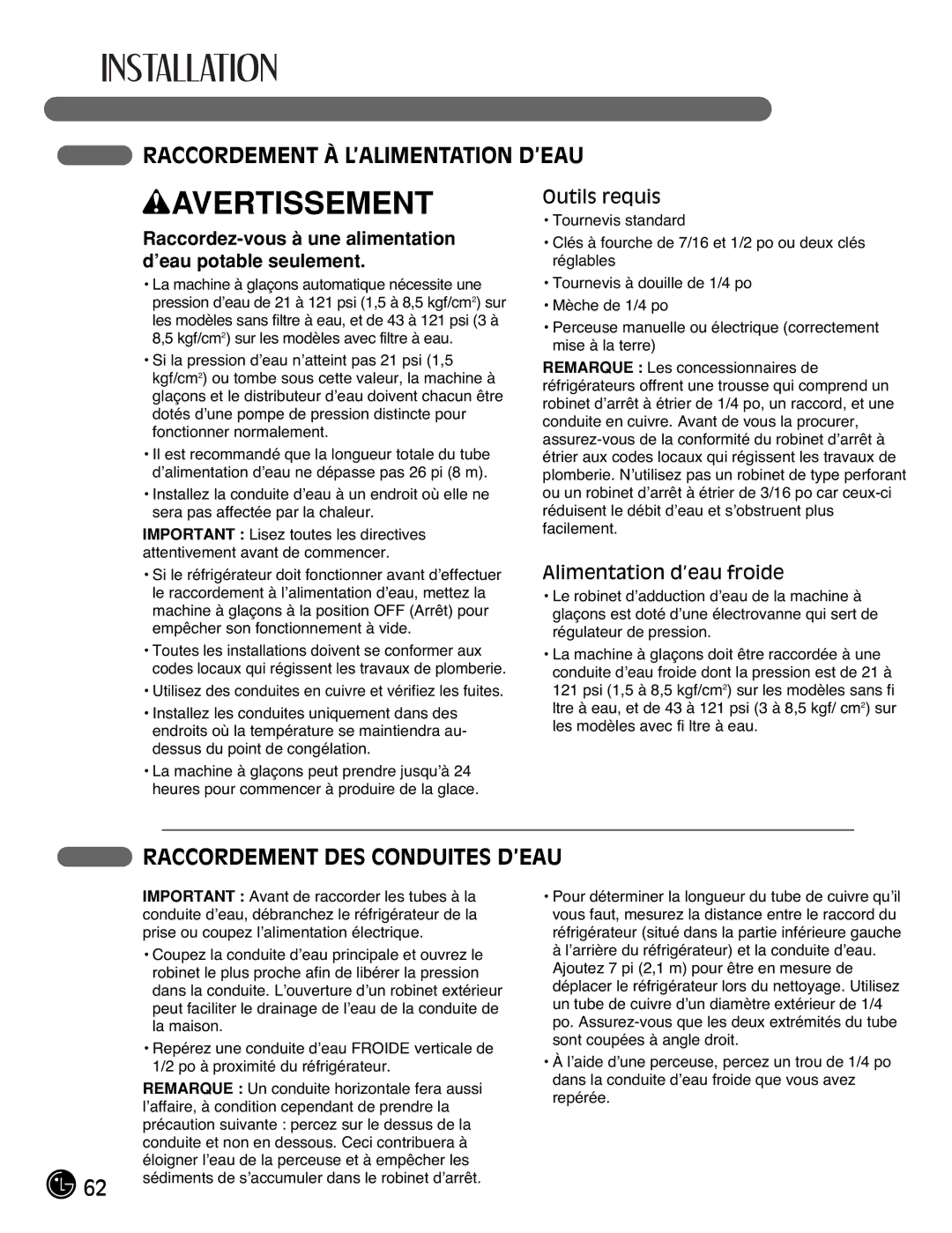 LG Electronics LMX21981**, LMX25981** Raccordement À L’ALIMENTATION D’EAU, Raccordement DES Conduites D’EAU, Outils requis 