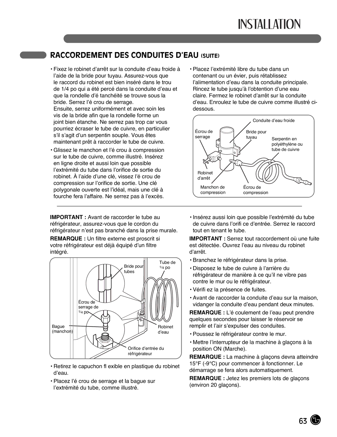 LG Electronics LMX21971, LMX25981**, LMX2525971, LMX21981** manual Raccordement DES Conduites D’EAU Suite 